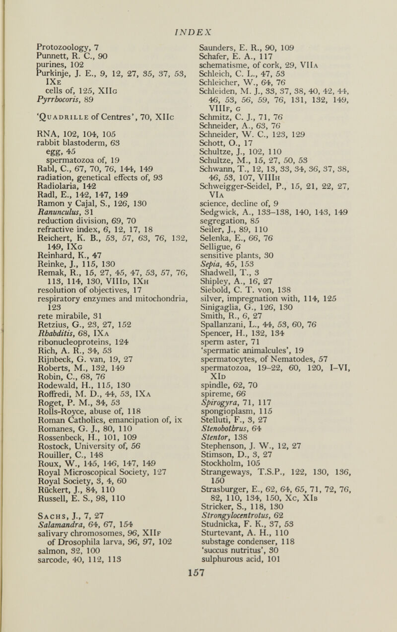 INDEX Protozoology, 7 Punnett, R. е., 90 purines, 102 Purkinje, J. е., 9, 12, 27, 35, 37, 53, IXe cells of, 125, XIIg Pyrrbocoris, 89 'Quadrille of Centres', 70, XIIc RNA, 102, 104, 105 rabbit blastoderm, 63 egg, 45 spermatozoa of, 19 Rabl, C., 67, 70, 76, 144, 149 radiation, genetical effects of, 93 Radiolaria, 142 Radi, е., 142, 147, 149 Ramon у Cajal, S., 126, 130 Ranunculus, 31 reduction division, 69, 70 refractive index, 6, 12, 17, 18 Reichert, К. В., 53, 57, 63, 76, 132, 149, IXg Reinhard, К., 47 Reinke, J., 115, 130 Remak, R., 15, 27, 45, 47, 53, 57, 76, 113, 114, 130, VIIId, IXh resolution of objectives, 17 respiratory enzymes and mitochondria, 123 rete mirabile, 31 Retzius, G., 23, 27, 152 Rbabditis, 68, IXa ribonucleoproteins, 124 Rich, A. R., 34, 53 Rijnbeck, G. van, 19, 27 Roberts, M., 132, 149 Robin, C., 68, 76 Rodewald, H., 115, 130 RofTredi, M. D., 44, 53, IXa Roget, P. M., 34, 53 Rolls-Royce, abuse of, 118 Roman Catholics, emancipation of, ix Romanes, G. J., 80, 110 Rossenbeck, H., 101, 109 Rostock, University of, 56 Rouiller, е., 148 Roux, W., 145, 14ß, 147, 149 Royal Microscopical Society, 127 Royal Society, 3, 4, 60 Rückert, J., 84, 110 Russell, E. S., 98, 110 Sachs, J., 7, 27 Salamandra, 64, 67, 154 salivary chromosomes, 96, XIIf of Drosophila larva, 96, 97, 102 salmon, 32, 100 sarcode, 40, 112, 113 Saunders, E. R., 90, 109 Schafer, E. A., 117 schématisme, of cork, 29, VII a Schleich, С. L., 47, 53 Schleicher, W., 64, 76 Schleiden, M. J., 33, 37, 38, 40, 42, 44, 46, 53, 56, 59, 76, 131, 132, 149, VIIlF, g Schmitz, С. J., 71, 76 Schneider, A., 63, 76 Sclineider, W. C., 123, 129 Schott, О., 17 Schultze, J-, 102, 110 Schultze, M., 15, 27, 50, 53 Schwann, T., 12, 13, 33, 34, 36, 37, 38, 46, 53, 107, VIIIh Schweigger-Seidel, P., 15, 21, 22, 27, VIa science, decline of, 9 Sedgwick, A., 133-138, 140, 143, 149 segregation, 85 Seiler, J., 89, ПО Selenka, E., 66, 76 Selligue, 6 sensitive plants, 30 Sepia, 45, 153 Shad well. T., 3 Shipley, A., 16, 27 Siebold, С. T. von, 138 silver, impregnation with, 114, 125 Sinigaglia, G., 126, 130 Smith, R., 6, 27 Spallanzani, L., 44, 53, 60, 76 Spencer, H., 132, 134 sperm aster, 71 'spermatic animalcules', 19 spermatocytes, of Nematodes, 57 spermatozoa, 19-22, 60, 120, I-VI, XlD spindle, 62, 70 spireme, 66 Spirogyra, 71, 117 spongioplasm, 115 Stelluti, F., 3, 27 Stenobotbrus, 64 Stentor, 138 Stephenson, J. W., 12, 27 Stimson, D., 3, 27 Stockholm, 105 Strangeways, T.S.P., 122, 130, 136, 150 Strasburger, E., 62, 64, 65, 71, 72, 76, 82, 110, 134, 150, Xc, XIb Strieker, S., 118, 130 Strongylocentrotus, 62 Studnicka, F. K., 37, 53 Sturtevant, A. H., 110 substage condenser, 118 'succus nutritus, 30 sulphurous acid, 101 157