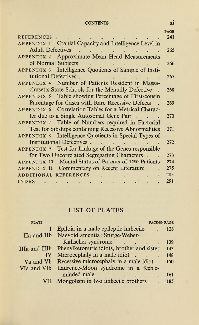 CONTENTS xi PAGE REFERENCES 241 APPENDIX 1 Cranial Capacity and Intelligence Level in Adult Defectives 265 APPENDIX 2 Approximate Mean Head Measurements of Normal Subjects 266 APPENDIX 3 Intelligence Quotients of Sample of Insti¬ tutional Defectives 267 APPENDIX 4 Number of Patients Resident in Massa¬ chusetts State Schools for the Mentally Defective . 268 APPENDIX 5 Table showing Percentage of First-cousin Parentage for Cases with Rare Recessive Defects . 269 APPENDIX 6 Correlation Tables for a Metrical Charac¬ ter due to a Single Autosomal Gene Pair . . .270 APPENDIX 7 Table of Numbers required in Factorial Test for Sibships containing Recessive Abnormalities 271 APPENDIX 8 Intelligence Quotients in Special Types of Institutional Defectives 272 APPENDIX 9 Test for Linkage of the Genes responsible for Two Uncorrelated Segregating Characters . . 273 APPENDIX 10 Mental Status of Parents of 1280 Patients 274 APPENDIX 11 Commentary on Recent Literature . 275 ADDITIONAL REFERENCES 285 INDEX 291 LIST OF PLATES