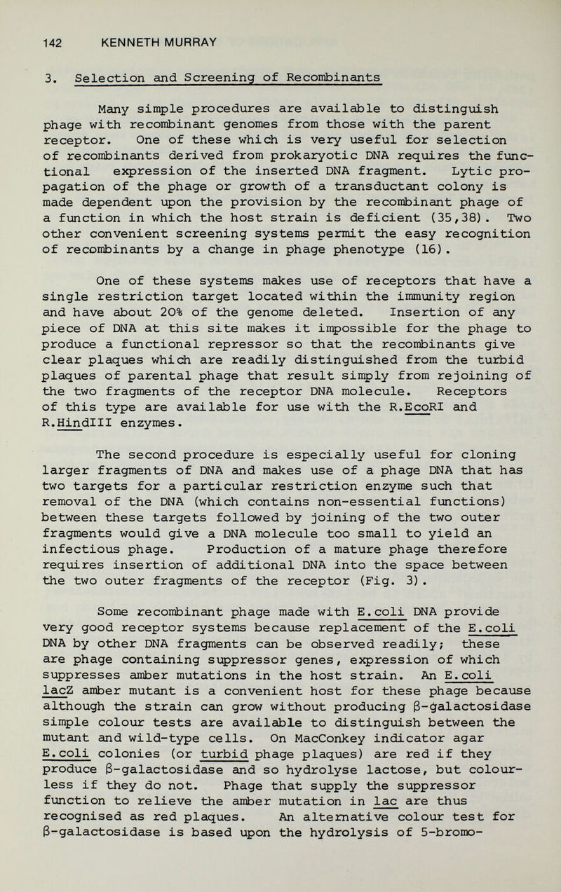 142 KENNETH MURRAY 3. Selection and Screening of Recombinants Many simple procedures are available to distinguish phage with recombinant genomes from those with the parent receptor. One of these which is very useful for selection of recombinants derived from prokaryotic DNA requires the func¬ tional expression of the inserted DNA fragment. Lytic pro¬ pagation of the phage or growth of a transductant colony is made dependent upon the provision by the recombinant phage of a function in which the host strain is deficient (35,38). Two other convenient screening systems permit the easy recognition of recombinants by a change in phage phenotype (16). One of these systems makes use of receptors that have a single restriction target located within the immunity region and have about 20% of the genome deleted. Insertion of any piece of DNA at this site makes it impossible for the phage to produce a functional repressor so that the recombinants give clear plaques which are readily distinguished from the turbid plaques of parental phage that result simply from rejoining of the two fragments of the receptor DNA molecule. Receptors of this type are available for use with the R.EcoRI and R.Hindlll enzymes. The second procedure is especially useful for cloning larger fragments of DNA and makes use of a phage DNA that has two targets for a particular restriction enzyme such that removal of the DNA (which contains non-essential fmctions) between these targets followed by joining of the two outer fragments would give a DNA molecule too small to yield an infectious phage. Production of a mature phage therefore requires insertion of additional DNA into the space between the two outer fragments of the receptor (Fig. 3). Some recombinant phage made with E.coli DNA provide very good receptor systems because replacement of the E.coli DNA by other DNA fragments can be observed readily; these are phage containing suppressor genes, expression of which suppresses amber mutations in the host strain. An E.coli lacZ amber mutant is a convenient host for these phage because although the strain can grow without producing 3-^9,1 actos i dase simple colour tests are available to distinguish between the mutant and wild-type cells. On MacConkey indicator agar E.coli colonies (or turbid phage plaques) are red if they produce 3-galactosidase and so hydrolyse lactose, but colour¬ less if they do not. Phage that supply the suppressor function to relieve the airiber mutation in lac are thus recognised as red plaques. An alternative colour test for 3-galactosidase is based upon the hydrolysis of 5-bromo-