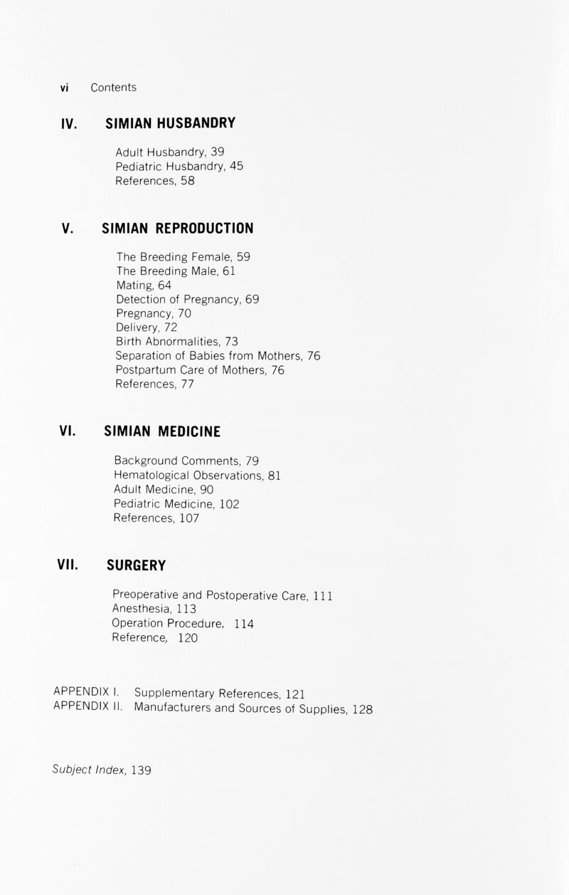 vi Contents IV. SIMIAN HUSBANDRY Adult Husbandry, 39 Pediatric Husbandry, 45 References, 58 V. SIMIAN REPRODUCTION The Breeding Female, 59 The Breeding Male, 61 Mating, 64 Detection of Pregnancy, 69 Pregnancy, 70 Delivery, 72 Birth Abnormalities, 73 Separation of Babies from Mothers, 76 Postpartum Care of Mothers, 76 References, 77 VI. SIMIAN MEDICINE Background Comments, 79 Hematological Observations, 81 Adult Medicine, 90 Pediatric Medicine, 102 References, 107 VII. SURGERY Preoperative and Postoperative Care, 111 Anesthesia, 113 Operation Procedure, 114 Reference; 120 APPENDIX I. Supplementary References, 121 APPENDIX II. Manufacturers and Sources of Supplies, 128 Subject Index, 139