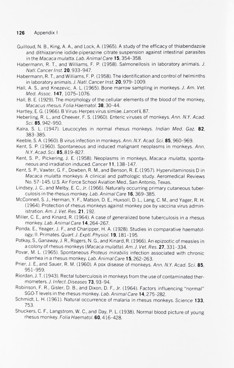 126 Appendix I Guilloud, N. В., King, A. A., and Lock, A. (1965). A study of the efficacy of thiabendazole and dithiazanine iodide-piperazine citrate suspension against intestinal parasites in the Macaca mulatta. Lab. Animal Care 15, 354-358. Habermann, R. T., and Williams, F. P. (1958). Salmonellosis in laboratory animals. J. Natl. Cancer Inst. 20,933-947. Habermann, R. T., and Williams, F. P. (1958). The identification and control of helminths in laboratory animals. 7. Natl. Cancer Inst. 20,979-1009. Hall, A. S., and Knezevic, A. L. (1965). Bone marrow sampling in monkeys. J. Am. Vet. Med. Assoc. 147, 1075-1076. Hall, B. E. (1929). The morphology of the cellular elements of the blood of the monkey, Macacus rhesus. Folia Haematol. 38, 30-44. Hartley, E. G. (1966). В Virus: Herpesvirus simiae. Lancet i, 87. Heberling, R. L., and Cheever, F. S. (1960). Enteric viruses of monkeys. Ann. N.Y. Acad. Sci. 85, 942-950. Kaira, S. L. (1947). Leucocytes in normal rhesus monkeys. Indian Med. Gaz. 82, 383-385. Keeble, S. A. (1960). В virus infection in monkeys. Ann. N.Y. Acad. Sci. 85, 960-969. Kent, S. P. (1960). Spontaneous and induced malignant neoplasms in monkeys. Ann. N.Y. Acad. Sci. 85,819-827. Kent, S. P., Pickering, J. E. (1958). Neoplasms in monkeys, Macaca mulatta, sponta¬ neous and irradiation induced. Cancer 11,138-147. Kent, S. P., Vawter, G. F., Dowben, R. M., and Benson, R. E. (1957). Hypervitaminosis D in Macaca mulatta monkeys: A clinical and pathologic study. Aeromedicai Reviews No. 57-145. U.S. Air Force School Aviation Med., San Antonio, Texas. Lindsey, J. C., and Melby, E. C., Jr. (1966). Naturally occurring primary cutaneous tuber¬ culosis in the rhesus monkey. Lab. Animal Care 16, 369-385. McConnell, S. J., Herman, Y. F., Matson, D. E., Huxsoll, D. L., Lang, C. M., and Yager, R. H. (1964). Protection of rhesus monkeys against monkey pox by vaccina virus admin¬ istration. Am. J. Vet. Res. 21,192. Miller, C. E., and Kinard, R. (1964). A case of generalized bone tuberculosis in a rhesus monkey. Lab. Animal Care 14,264-267. Ponda, е., Yeager, J. F., and Charipper, H. A. (1928). Studies in comparative haematol- ogy; II. Prlmaies.Quart.J. Exptl. Physiol. 19,181-195. Potkay, S., Ganaway, J. R., Rogers, N. G., and Kinard, R. (1966). An epizootic of measles in a colony of rhesus monkeys {Macaca mulatta). Am. J. Vet. Res. 27, 331-334. Povar, M. L. (1965). Spontaneous Proteus mirabilis infection associated with chronic diarrhea in a rhesus monkey. Lab. Animal Care 15,262-263. Prier, J. E., and Sauer, R. M. (1960). A pox disease of monkeys. Ann. N.Y. Acad. Sci. 85, 951-959. Riordan, J. T. (1943). Rectal tuberculosis in monkeys from the use of contaminated ther¬ mometers. J. Infect. Diseases 73, 93-94. Robinson, F. R., Gisler, D. В., and Dixon, D. F., Jr. (1964). Factors influencing normal SGO-T levels in the rhesus monkey. Lab. Animal Care 14,275-282. Schmidt, L. H. (1961). Natural occurrence of malaria in rhesus monkeys. Science 133, 753. Shuckers, C. F., Langstrom, W. С., and Day, P. L. ( 1938). Normal blood picture of young rhesus monkey. Folia Haematol. 60,416-428.