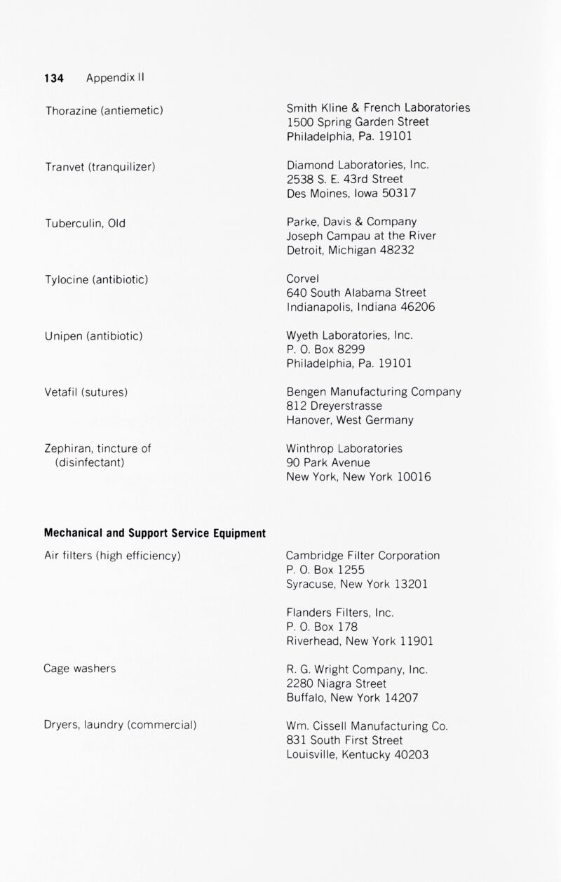 134 Appendix II Thorazine (antiemetic) Tranvet (tranquilizer) Tuberculin, Old Tylocine (antibiotic) Unipen (antibiotic) Vetafil (sutures) Zephiran, tincture of (disinfectant) Mechanical and Support Service Equipment Air filters (high efficiency) Cage washers Dryers, laundry (commercial) Smith Kline & French Laboratories 1500 Spring Garden Street Philadelphia, Pa. 19101 Diamond Laboratories, Inc. 2538 S. E. 43rd Street Des Moines, Iowa 50317 Parke, Davis & Company Joseph Campau at the River Detroit, Michigan 48232 Corve I 640 South Alabama Street Indianapolis, Indiana 46206 Wyeth Laboratories, Inc. P. 0. Box 8299 Philadelphia, Pa. 19101 Bengen Manufacturing Company 812 Dreyerstrasse Hanover, West Germany Winthrop Laboratories 90 Park Avenue New York, New York 10016 Cambridge Filter Corporation P. 0. Box 1255 Syracuse, New York 13201 Flanders Filters, Inc. P. 0. Box 178 Riverhead, New York 11901 R. G. Wright Company, Inc. 2280 Niagra Street Buffalo. New York 14207 Wm. Cissell Manufacturing Co. 831 South First Street Louisville, Kentucky 40203