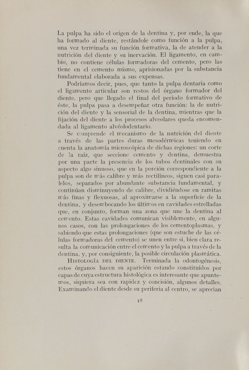 La pulpa ha sido el origen de la dentina y, por ende, la que ha formado al diente, restándole como función a la pulpa, una vez terminada su función formativa, la de atender a la nutrición del diente y su inervación. El ligamento, en cam¬ bio, no contiene células form adoras del cemento, pero las tiene en el cemento mismo, aprisionadas por la substancia fundamental elaborada a sus expensas. Podríamos decir, pues, que tanto la pulpa dentaria como el ligamento articular son restos del órgano form ador del diente, pero que llegado el final del período formativo de éste, la pulpa pasa a desempeñar otra función; la de nutri¬ ción del diente y la sensorial de la dentina, mientras que la fijación del diente a los procesos alveolares queda encomen¬ dada al ligamento alvéolodentario. Se comprende el mecanismo de la nutrición del diente a través de las partes duras mesodérmicas teniendo en cuenta la anatomía microscópica de dichas regiones: un corte de la raíz, que seccione cemento y dentina, demuestra por una parte la presencia de los tubos dentinales con su aspecto algo sinuoso, que en la porción correspondiente a la pulpa son de más calibre y más rectilíneos, siguen casi para¬ lelos, separados por abundante substancia fundamental, y continúan disminuyendo de calibre, dividiéndose en ramitas más finas y flexuosas, al aproximarse a la superficie de la dentina, y desembocando los últimos en cavidades estrelladas que, en conjunto, forman una zona que une la dentina al cemento. Estas cavidades comunican visiblemente, en algu¬ nos casos, con las prolongaciones de los cementoplasmas, y sabiendo que estas prolongaciones (que son estuche de las cé¬ lulas form adoras del cemento) se unen entre sí, bien clara re¬ sulta la comunicación entre el cemento y la pulpa a través de la dentina, y, por consiguiente, la posible circulación plasmática. Histología del diente. Terminada la odontogénesis, estos órganos hacen su aparición estando constituidos por capas de cuya estructura histológica es interesante que apunte- mos, siquiera sea con rapidez y concisión, algunos detalles. Examinando el diente desde su periferia al centro, se aprecian i8