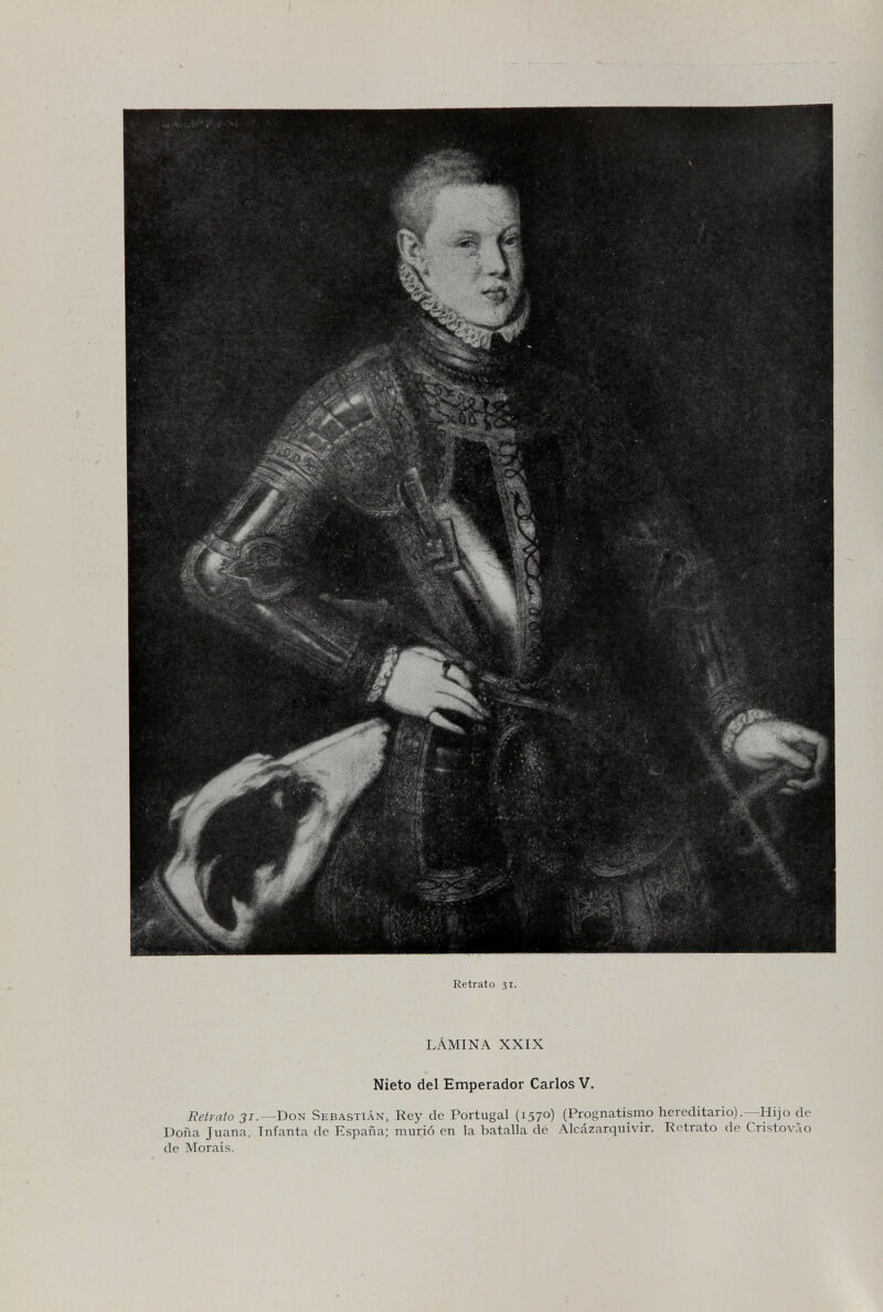 Retrato 31. LÁMINA XXIX Nieto del Emperador Carlos V. Retrato 31.—Don Sebastián, Rey de Portugal {1570) (Prognatismo hereditario).—Hijo de Doña Juana, Infanta de España; murió en la batalla de Alcázarquivir. Retrato de Cristovào de Moráis.