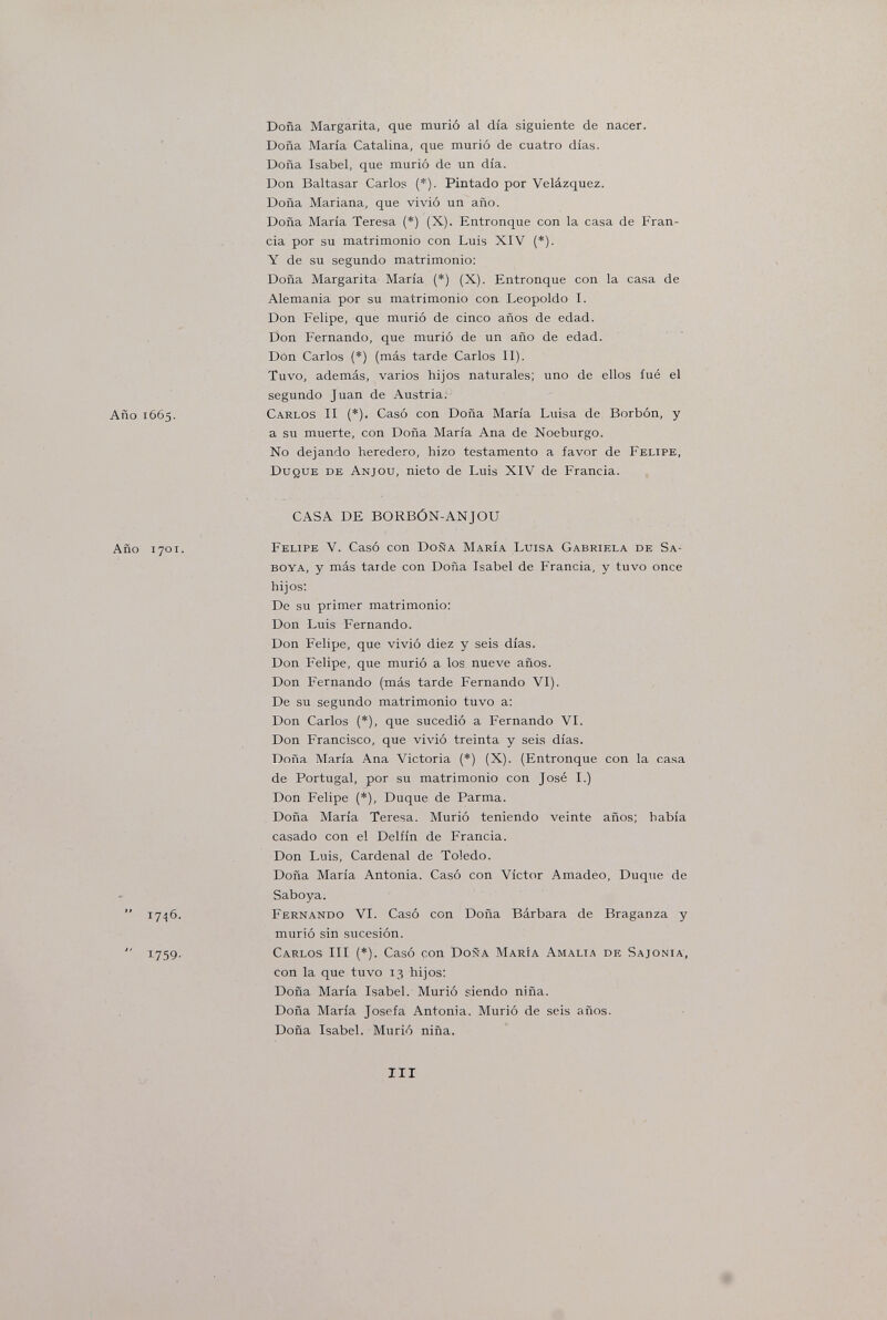 Doña Margarita, que murió al día siguiente de nacer. Doña María Catalina, que murió de cuatro días. Doña Isabel, que murió de un día. Don Baltasar Carlos (*). Pintado por Velázquez. Doña Mariana, que vivió un año. Doña María Teresa (*) (X). Entronque con la casa de Fran¬ cia por su matrimonio con Luis XIV (*). Y de su segundo matrimonio: Doña Margarita María {*) (X). Entronque con la casa de Alemania por su matrimonio con Leopoldo I. Don Felipe, que murió de cinco años de edad. Don Fernando, que murió de un año de edad. Don Carlos (*) (más tarde Carlos II). Tuvo, además, varios hijos naturales; uno de ellos íué el segundo Juan de Austria. Carlos II (*). Casó con Doña María Luisa de Borbón, y a su muerte, con Doña María Ana de Noeburgo. No dejando heredero, hizo testamento a favor de Felipe, Duque de Anjou, nieto de Luis XIV de Francia. CASA DE BORBÓN-ANJOU Felipe V. Casó con Doña María Luisa Gabriela de Sa- ВОУА, y más tarde con Doña Isabel de Francia, y tuvo once hijos: De su primer matrimonio: Don Luis Fernando. Don Felipe, que vivió diez y seis días. Don Felipe, que murió a los nueve años. Don Fernando (más tarde Fernando VI). De su segundo matrimonio tuvo a: Don Carlos (*), que sucedió a Fernando VI. Don Francisco, que vivió treinta y seis días. Doña María Ana Victoria (*) (X). (Entronque con la casa de Portugal, por su matrimonio con José I.) Don Felipe (*), Duque de Parma. Doña María Teresa. Murió teniendo veinte años; había casado con el Delfín de Francia. Don Luis, Cardenal de Toledo. Doña María Antonia. Casó con Víctor Amadeo, Duque de Saboya. Fernando VI. Casó con Doña Bárbara de Braganza y murió sin sucesión. Carlos III (*). Casó con Doña María Amali.\ de Sajonia, con la que tuvo 13 hijos; Doña María Isabel. Murió siendo niña. Doña María Josefa Antonia. Murió de seis años. Doña Isabel. Murió niña. III
