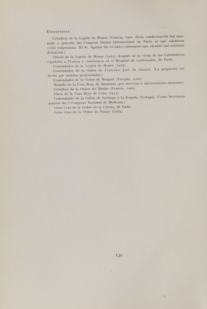 Extranjeras: Caballero de la Legión de Honor, Francia, 1900. (Esta condecoración fué otor¬ gada a petición del Congreso Dental Internacional de París, al que asistieron 2.600 congresistas. El Sr. Aguilar fué el único extranjero que alcanzó tan señalada distinción.) Oficial de la Legión de Honor {1922), después de la visita de los Catedráticos españoles a Francia y conferencia en el Hospital de Lariboisière, de París. Comendador de la Legión de Honor (1925). Comendador de la Orden de Francisco José, de Austria. (La propuesta fué hecha por méritos profesionales.) Comendador de la Orden de Medgidi (Turquía, 1906). Medalla de la Cruz Roja de Alemania (por servicios a universitarios alemanes). Caballero de la Orden del Mérito (Francia, 1906). Placa de la Cruz Roja de Cuba (1912). Comendador de la Orden de Santiago y la Espada, Portugal. (Como Secretario general del I Congreso Nacional de Medicina.) Gran Cruz de la Orden de la Corona, de Italia. Gran Cruz de la Orden de Finlay (Cuba). 130