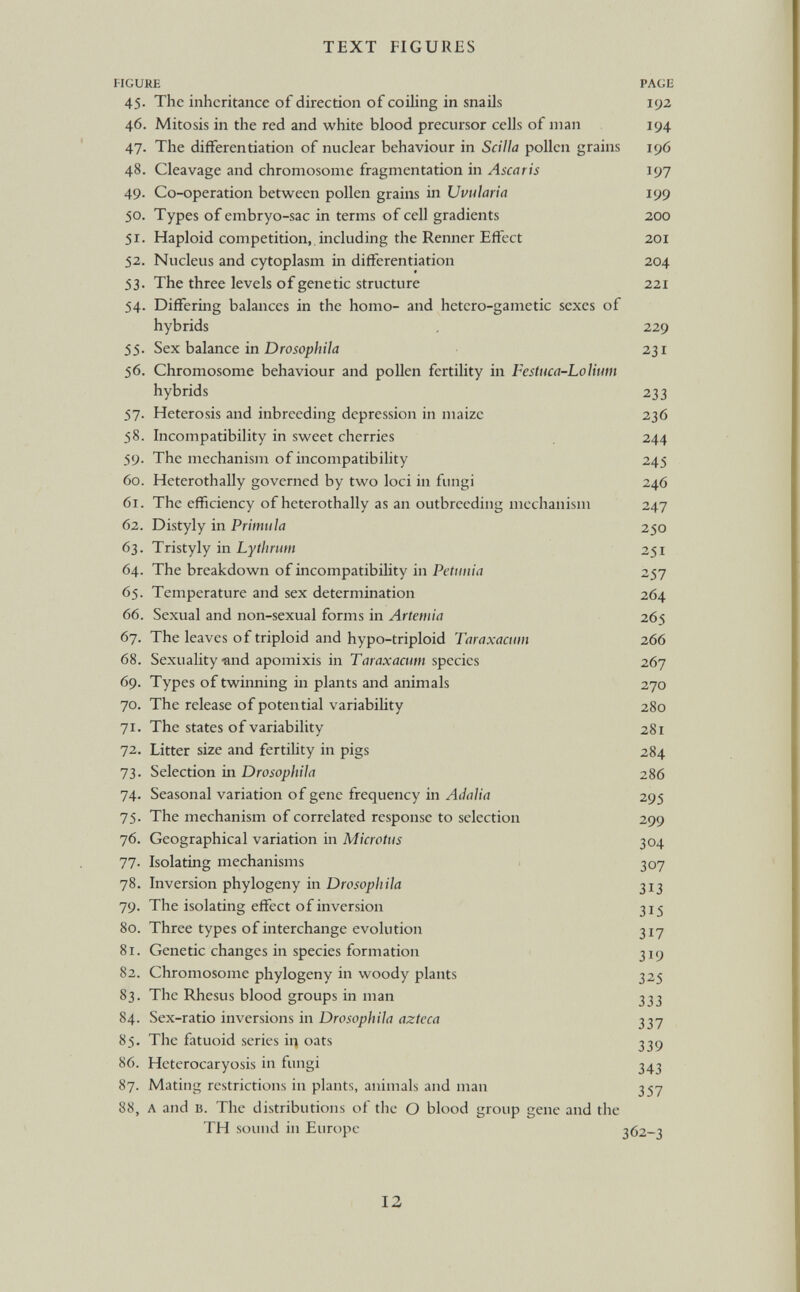 TEXT FIGURES FIGURE PAGE 45. The inheritance of direction of coiling in snails 192 46. Mitosis in the red and white blood precursor cells of man 194 47. The differentiation of nuclear behaviour in Scilla pollen grains 196 48. Cleavage and chromosome fragmentation in Ascaris 197 49- Co-operation between pollen grains in Uvularia 199 50. Types of embryo-sac in terms of cell gradients 200 51. Haploid competition, including the Renner Effect 201 52. Nucleus and cytoplasm in differentiation 204 53. The three levels of genetic structure 221 54. Differing balances in the homo- and hetcro-gametic sexes of hybrids 229 55. Sex balance in Drosophila 231 56. Chromosome behaviour and pollen fertility in Festuca-Lolium hybrids 233 57. Heterosis and inbreeding depression in maize 236 58. Incompatibility in sweet cherries 244 59. The mechanism of incompatibility 245 60. Heterothally governed by two loci in fungi 246 61. The efficiency of heterothally as an outbreeding mechanism 247 62. Distyly in Primula 250 63. Tristyly in Lythrum 251 64. The breakdown of incompatibility in Petunia 257 65. Temperature and sex determination 264 66. Sexual and non-sexual forms in Artemia 265 67. The leaves of triploid and hypo-triploid Taraxacum 266 68. Sexuality turd apomixis in Taraxacum species 267 69. Types of twinning in plants and animals 270 70. The release of potential variability 280 71. The states of variability 281 72. Litter size and fertility in pigs 284 73. Selection in Drosophila 286 74. Seasonal variation of gene frequency in Adalia 295 75. The mechanism of correlated response to selection 299 76. Geographical variation in Microtus 304 77- Isolating mechanisms 307 78. Inversion phylogeny in Drosophila 313 79. The isolating effect of inversion 315 80. Three types of interchange evolution 317 81. Genetic changes in species formation 319 82. Chromosome phylogeny in woody plants 325 83. The Rhesus blood groups in man 333 84. Sex-ratio inversions in Drosophila azteca 337 85. The fatuoid series in oats 339 86. Heterocaryosis in fungi 343 87. Mating restrictions in plants, animals and man 337 88. A and b. The distributions of the O blood group gene and the TH sound in Europe 362-3