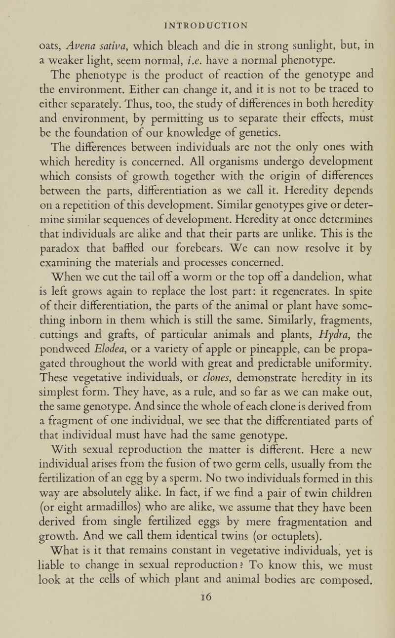 INTRODUCTION oats, Avena sativa, which bleach and die in strong sunlight, but, in a weaker light, seem normal, i.e. have a normal phenotype. The phenotype is the product of reaction of the genotype and the environment. Either can change it, and it is not to be traced to either separately. Thus, too, the study of differences in both heredity and environment, by permitting us to separate their effects, must be the foundation of our knowledge of genetics. The differences between individuals are not the only ones with which heredity is concerned. All organisms undergo development which consists of growth together with the origin of differences between the parts, differentiation as we call it. Heredity depends on a repetition of this development. Similar genotypes give or deter mine similar sequences of development. Heredity at once determines that individuals are alike and that their parts are unlike. This is the paradox that baffled our forebears. We can now resolve it by examining the materials and processes concerned. When we cut the tail off a worm or the top off a dandelion, what is left grows again to replace the lost part: it regenerates. In spite of their differentiation, the parts of the animal or plant have some thing inborn in them which is still the same. Similarly, fragments, cuttings and grafts, of particular animals and plants, Hydra, the pondweed Elodea, or a variety of apple or pineapple, can be propa gated throughout the world with great and predictable uniformity. These vegetative individuals, or clones, demonstrate heredity in its simplest form. They have, as a rule, and so far as we can make out, the same genotype. And since the whole of each clone is derived from a fragment of one individual, we see that the differentiated parts of that individual must have had the same genotype. With sexual reproduction the matter is different. Here a new individual arises from the fusion of two germ cells, usually from the fertilization of an egg by a sperm. No two individuals formed in this way are absolutely alike. In fact, if we find a pair of twin children (or eight armadillos) who are alike, we assume that they have been derived from single fertilized eggs by mere fragmentation and growth. And we call them identical twins (or octuplets). What is it that remains constant in vegetative individuals, yet is liable to change in sexual reproduction? To know this, we must look at the cells of which plant and animal bodies are composed.