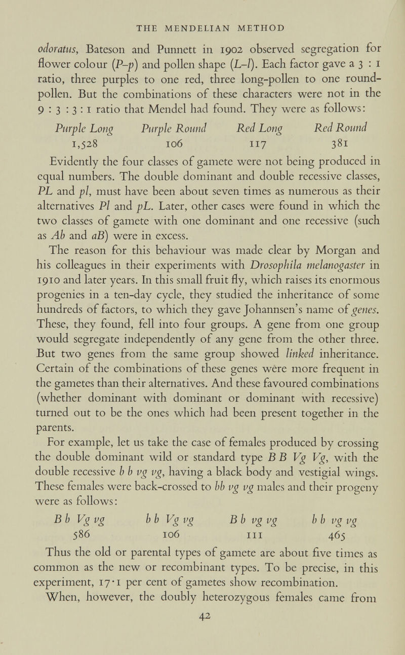 odoratus, Bateson and Punnett in 1902 observed segregation for flower colour (P-p) and pollen shape (L-l). Each factor gave a 3 : 1 ratio, three purples to one red, three long-pollen to one round- pollen. But the combinations of these characters were not in the 9:3 13:1 ratio that Mendel had found. They were as follows: Purple Long Purple Round Red Long Red Round 1,528 106 117 381 Evidently the four classes of gamete were not being produced in equal numbers. The double dominant and double recessive classes, PL and pi, must have been about seven times as numerous as their alternatives Pi and pL. Later, other cases were found in which the two classes of gamete with one dominant and one recessive (such as Ab and aB) were in excess. The reason for this behaviour was made clear by Morgan and his colleagues in their experiments with Drosophila melanogaster in 1910 and later years. In this small fruit fly, which raises its enormous progenies in a ten-day cycle, they studied the inheritance of some hundreds of factors, to which they gave Johannsen’s name of genes. These, they found, fell into four groups. A gene from one group would segregate independently of any gene from the other three. But two genes from the same group showed linked inheritance. Certain of the combinations of these genes were more frequent in the gametes than their alternatives. And these favoured combinations (whether dominant with dominant or dominant with recessive) turned out to be the ones which had been present together in the parents. For example, let us take the case of females produced by crossing the double dominant wild or standard type B B Vg Vg, with the double recessive b b vg vg, having a black body and vestigial wings. These females were back-crossed to bb vg vg males and their progeny were as follows: B b Vg vg b b Vg vg B b vg vg b b vg vg 586 106 hi 465 Thus the old or parental types of gamete are about five times as common as the new or recombinant types. To be precise, in this experiment, 17*1 per cent of gametes show recombination. When, however, the doubly heterozygous females came from