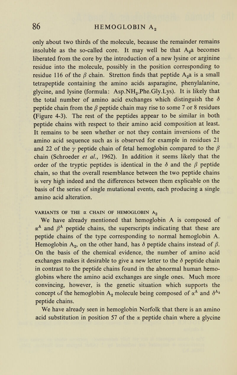 only about two thirds of the molecule, because the remainder remains insoluble as the so-called core. It may well be that A 2 a becomes liberated from the core by the introduction of a new lysine or arginine residue into the molecule, possibly in the position corresponding to residue 116 of the ß chain. Stretton finds that peptide A 2 a is a small tetrapeptide containing the amino acids asparagine, phenylalanine, glycine, and lysine (formula: Asp.NH 2 .Phe.Gly.Lys). It is likely that the total number of amino acid exchanges which distinguish the ô peptide chain from the ß peptide chain may rise to some 7 or 8 residues (Figure 4-3). The rest of the peptides appear to be similar in both peptide chains with respect to their amino acid composition at least. It remains to be seen whether or not they contain inversions of the amino acid sequence such as is observed for example in residues 21 and 22 of the y peptide chain of fetal hemoglobin compared to the ß chain (Schroeder et al., 1962). In addition it seems likely that the order of the tryptic peptides is identical in the ô and the ß peptide chain, so that the overall resemblance between the two peptide chains is very high indeed and the differences between them explicable on the basis of the series of single mutational events, each producing a single amino acid alteration. variants of the OC chain of hemoglobin a 2 We have already mentioned that hemoglobin A is composed of a A and ß A peptide chains, the superscripts indicating that these are peptide chains of the type corresponding to normal hemoglobin A. Hemoglobin A 2 , on the other hand, has <5 peptide chains instead of ß. On the basis of the chemical evidence, the number of amino acid exchanges makes it desirable to give a new letter to the ô peptide chain in contrast to the peptide chains found in the abnormal human hemo globins where the amino acid exchanges are single ones. Much more convincing, however, is the genetic situation which supports the concept of the hemoglobin A 2 molecule being composed of oc A and <5 Aa peptide chains. We have already seen in hemoglobin Norfolk that there is an amino acid substitution in position 57 of the a peptide chain where a glycine