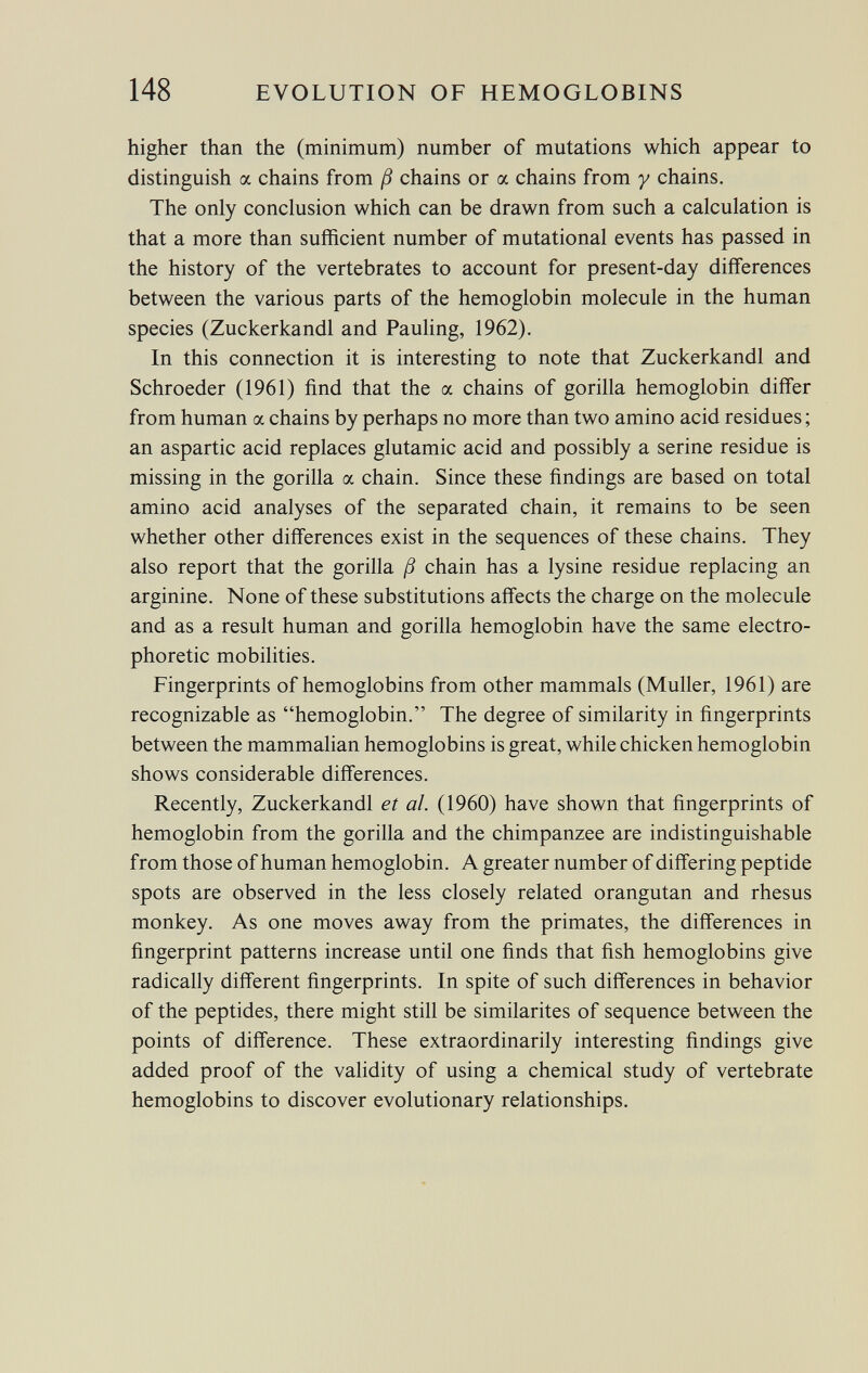 higher than the (minimum) number of mutations which appear to distinguish a chains from ß chains or a chains from y chains. The only conclusion which can be drawn from such a calculation is that a more than sufficient number of mutational events has passed in the history of the vertebrates to account for present-day differences between the various parts of the hemoglobin molecule in the human species (Zuckerkandl and Pauling, 1962). In this connection it is interesting to note that Zuckerkandl and Schroeder (1961) find that the a chains of gorilla hemoglobin differ from human a chains by perhaps no more than two amino acid residues ; an aspartic acid replaces glutamic acid and possibly a serine residue is missing in the gorilla a chain. Since these findings are based on total amino acid analyses of the separated chain, it remains to be seen whether other differences exist in the sequences of these chains. They also report that the gorilla ß chain has a lysine residue replacing an arginine. None of these substitutions affects the charge on the molecule and as a result human and gorilla hemoglobin have the same electro- phoretic mobilities. Fingerprints of hemoglobins from other mammals (Muller, 1961) are recognizable as hemoglobin. The degree of similarity in fingerprints between the mammalian hemoglobins is great, while chicken hemoglobin shows considerable differences. Recently, Zuckerkandl et al. (1960) have shown that fingerprints of hemoglobin from the gorilla and the chimpanzee are indistinguishable from those of human hemoglobin. A greater number of differing peptide spots are observed in the less closely related orangutan and rhesus monkey. As one moves away from the primates, the differences in fingerprint patterns increase until one finds that fish hemoglobins give radically different fingerprints. In spite of such differences in behavior of the peptides, there might still be similarités of sequence between the points of difference. These extraordinarily interesting findings give added proof of the validity of using a chemical study of vertebrate hemoglobins to discover evolutionary relationships.