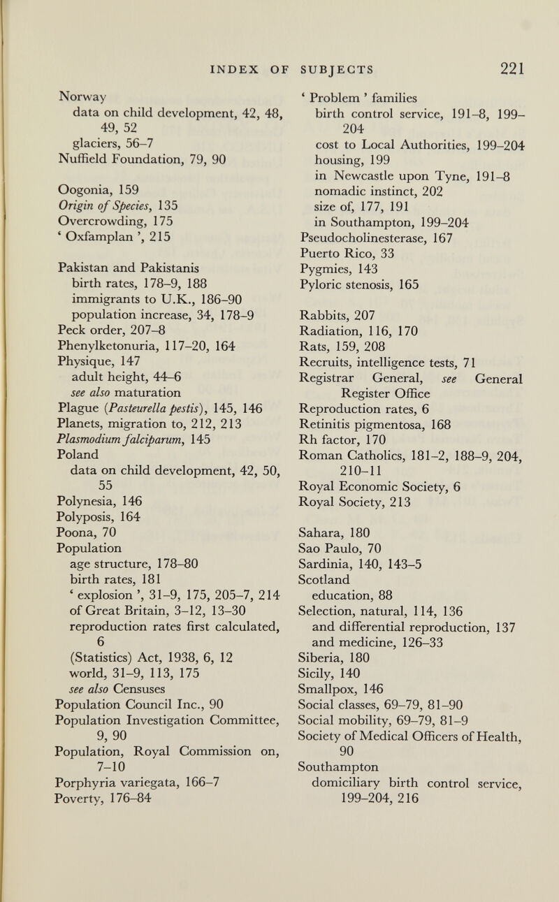 INDEX OF SUBJECTS 221 Norway data on child development, 42, 48, 49, 52 glaciers, 56-7 Nuffield Foundation, 79, 90 Oogonia, 159 Origin of Species, 135 Overcrowding, 175 * Oxfamplan ',215 Pakistan and Pakistanis birth rates, 178-9, 188 immigrants to U.K., 186-90 population increase, 34, 178-9 Peck order, 207-8 Phenylketonuria, 117-20, 164 Physique, 147 adult height, 44-6 see also maturation Plague {Pasteurella pestis), 145, 146 Planets, migration to, 212, 213 Plasmodium falciparum, 145 Poland data on child development, 42, 50, 55 Polynesia, 146 Polyposis, 164 Poona, 70 Population age structure, 178-80 birth rates, 181 ' explosion ', 31-9, 175, 205-7, 214 of Great Britain, 3-12, 13-30 reproduction rates first calculated, 6 (Statistics) Act, 1938, 6, 12 world, 31-9, 113, 175 see also Censuses Population Council Inc., 90 Population Investigation Committee, 9, 90 Population, Royal Commission on, 7-10 Porphyria variegata, 166-7 Poverty, 176-84 ' Problem ' families birth control service, 191-8, 199- 204 cost to Local Authorities, 199-204 housing, 199 in Newcastle upon Tyne, 191-8 nomadic instinct, 202 size of, 177, 191 in Southampton, 199-204 PseudoCholinesterase, 167 Puerto Rico, 33 Pygmies, 143 Pyloric stenosis, 165 Rabbits, 207 Radiation, 116, 170 Rats, 159, 208 Recruits, intelligence tests, 71 Registrar General, see General Register Office Reproduction rates, 6 Retinitis pigmentosa, 168 Rh factor, 170 Roman Catholics, 181-2, 188-9, 204, 210-11 Royal Economic Society, 6 Royal Society, 213 Sahara, 180 Sao Paulo, 70 Sardinia, 140, 143-5 Scotland education, 88 Selection, natural, 114, 136 and differential reproduction, 137 and medicine, 126-33 Siberia, 180 Sicily, 140 Smallpox, 146 Social classes, 69-79, 81-90 Social mobility, 69-79, 81-9 Society of Medical Officers of Health, 90 Southampton domiciliary birth control service, 199-204, 216