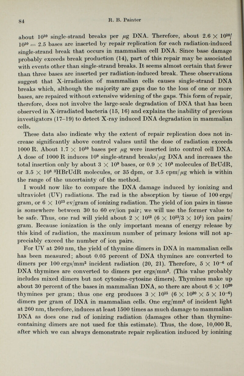 about 10 10 single-strand breaks per /ug DNA. Therefore, about 2.6 X 10 10 / 10 10 = 2.5 bases are inserted by repair replication for each radiation-induced single-strand break that occurs in mammalian cell DNA. Since base damage probably exceeds break production (14), part of this repair may be associated with events other than single-strand breaks. It seems almost certain that fewer than three bases are inserted per radiation-induced break. These observations suggest that X-irradiation of mammalian cells causes single-strand DNA breaks which, although the majority are gaps due to the loss of one or more bases, are repaired without extensive widening of the gaps. This form of repair, therefore, does not involve the large-scale degradation of DNA that has been observed in X-irradiated bacteria (15, 16) and explains the inability of previous investigators (17-19) to detect X-ray induced DNA degradation in mammalian cells. These data also indicate why the extent of repair replication does not in crease significantly above control values until the dose of radiation exceeds 1000 R. About 1.7 X 10 10 bases per ¡ug were inserted into control cell DNA. A dose of 1000 R induces 10 9 single-strand breaks/ ¡ug DNA and increases the total insertion only by about 3 X 10 9 bases, or 0.9 X 10 9 molecules of BrUdR, or 3.5 X 10 8 3 HBrUdR molecules, or 35 dpm, or 3.5 cpm///g which is within the range of the uncertainty of the method. I would now like to compare the DNA damage induced by ionizing and ultraviolet (UV) radiations. The rad is the absorption by tissue of 100 ergs/ gram, or 6 X 10 13 ev/gram of ionizing radiation. The yield of ion pairs in tissue is somewhere between 30 to 60 ev/ion pair; we will use the former value to be safe. Thus, one rad will yield about 2 X 10 12 (6 X 10 13 /3 X 10 1 ) ion pairte/ gram. Because ionization is the only important means of energy release by this kind of radiation, the maximum number of primary lesions will not ap preciably exceed the number of ion pairs. For UV at 260 nm, the yield of thymine dimers in DNA in mammalian cells has been measured; about 0.05 percent of DNA thymines are converted to dimers per 100 ergs/mm 2 incident radiation (20, 21). Therefore, 5 X 10 -6 of DNA thymines are converted to dimers per ergs/mm 2 . (This value probably includes mixed dimers but not cytosine-cytosine dimers). Thymines make up about 30 percent of the bases in mammalian DNA, so there are about 6 X 10 20 thymines per gram; thus one erg produces 3 X 10 15 (6 X 10 20 X 5 X 10 -6 ) dimers per gram of DNA in mammalian cells. One erg/mm 2 of incident light at 260 nm, therefore, induces at least 1500 times as much damage to mammalian DNA as does one rad of ionizing radiation (damages other than thymine- containing dimers are not used for this estimate). Thus, the dose, 10,000 R, after which we can always demonstrate repair replication induced by ionizing