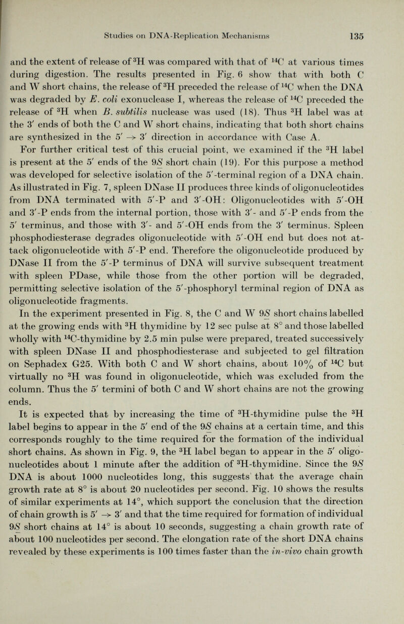 and the extent of release of 3 H was compared with that of 14 C at various times during digestion. The results presented in Fig. 6 show that with both C and W short chains, the release of 3 H preceded the release of 14 C when the DNA was degraded by E. coli exonuclease I, whereas the release of 14 C preceded the release of 3 H when B. subtilis nuclease was used (18). Thus 3 H label was at the 3' ends of both the C and W short chains, indicating that both short chains are synthesized in the 5' -> 3' direction in accordance with Case A. For further critical test of this crucial point, we examined if the 3 H label is present at the 5' ends of the 9 S short chain (19). For this purpose a method was developed for selective isolation of the 5 '-terminal region of a DNA chain. As illustrated in Fig. 7, spleen DNase II produces three kinds of oligonucleotides from DNA terminated with 5'-P and 3-OH: Oligonucleotides with 5'-OH and 3'-P ends from the internal portion, those with 3'- and 5'-P ends from the 5' terminus, and those with 3'- and 5'-OH ends from the 3' terminus. Spleen phosphodiesterase degrades oligonucleotide with 5 '-OH end but does not at tack oligonucleotide with 5'-P end. Therefore the oligonucleotide produced by DNase II from the 5'-P terminus of DNA will survive subsequent treatment with spleen PDase, while those from the other portion will be degraded, permitting selective isolation of the 5'-phosphoryl terminal region of DNA as oligonucleotide fragments. In the experiment presented in Fig. 8, the C and W 9*8 short chains labelled at the growing ends with 3 H thymidine by 12 sec pulse at 8° and those labelled wholly with 14 C-thymidine by 2.5 min pulse were prepared, treated successively with spleen DNase II and phosphodiesterase and subjected to gel filtration on Sephadex G25. With both C and W short chains, about 10% of 14 C but virtually no 3 H was found in oligonucleotide, which was excluded from the column. Thus the 5' termini of both C and W short chains are not the growing ends. It is expected that by increasing the time of 3 H-thymidine pulse the 3 H label begins to appear in the 5' end of the 9*8 chains at a certain time, and this corresponds roughly to the time required for the formation of the individual short chains. As shown in Fig. 9, the 3 H label began to appear in the 5' oligo nucleotides about 1 minute after the addition of 3 H-thymidine. Since the 9*8 DNA is about 1000 nucleotides long, this suggests that the average chain growth rate at 8° is about 20 nucleotides per second. Fig. 10 shows the results of similar experiments at 14°, which support the conclusion that the direction of chain growth is 5' -> 3' and that the time required for formation of individual 9*8 short chains at 14° is about 10 seconds, suggesting a chain growth rate of about 100 nucleotides per second. The elongation rate of the short DNA chains revealed by these experiments is 100 times faster than the in-vivo chain growth