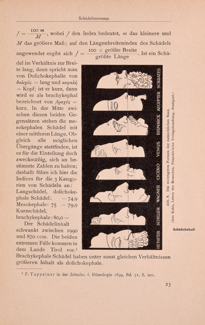 Schädelmessimg. J- loo m ~4ì~ wobei J den Index bedeutet, m das kleinere und M das größere Maß ; auf den Längenbreitenindex des Schädels loo X größte Breite . ^ . c, , . Ist ein bcha- größte Länge angewendet ergibt sich J = del im Verhältnis zur Brei¬ te lang, dann spricht man von Dolichokephalie von òoXiyóz — lang und KEq)aXr¡ = Kopf; ist er kurz, dann wird er als brachykephal bezeichnet von ßga^vg = kurz. In der Mitte zwi¬ schen diesen beiden Ge¬ gensätzen stehen die me- sokephalen Schädel mit einer mittleren Länge, Ob¬ gleich alle möglichen Übergänge stattfinden, ist es für die Einteilung doch zweckmäßig, sich an be¬ stimmte Zahlen zu halten; deshalb führe ich hier die Indices für die 3 Katego¬ rien von Schädeln an: Langschädel, dolichoke- phale Schädel: —74,9 Mesokephale: 75 —79,9 Kurzschädel, brachykephale : 80,0 — Der Schädelinhalt schwankt zwischen 1990 und 870 ccm. Die beiden extremen Fälle kommen in dem Lande Tirol vor.i Brachykephale Schädel haben unter sonst gleichen Verhältnissen größeren Inhalt als dolichokephale. ctì ЬЛ 4-> •M 3 ся bî fí 3 tí CÖ к ht л tí (U а и 4) 'd tí Ö и о tí tí 0) 0) tí CA tí < Schädelinhalt ^ F. Tappeiner in der Zeitschr. f. Ethnologie 1899, Bd. 31, S. 201. 23