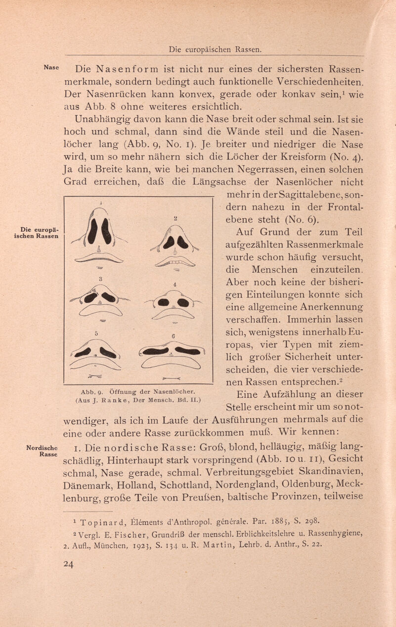 Die europäischen Rassen. Nase Die europä- ischen Rassen Nordische Rasse Die Nasenform ist nicht nur eines der sichersten Rassen¬ merkmale, sondern bedingt auch funktionelle Verschiedenheiten. Der Nasenrücken kann konvex, gerade oder konkav sein,i wie aus Abb. 8 ohne weiteres ersichtlich. Unabhängig davon kann die Nase breit oder schmal sein. Ist sie hoch und schmal, dann sind die Wände steil und die Nasen¬ löcher lang (Abb. 9, No. i). Je breiter und niedriger die Nase wird, um so mehr nähern sich die Löcher der Kreisform (No. 4). Ja die Breite kann, wie bei manchen Negerrassen, einen solchen Grad erreichen, daß die Längsachse der Nasenlöcher nicht mehr in der Sagittalebene, son¬ dern nahezu in der Frontal¬ ebene steht (N0. 6). Auf Grund der zum Teil aufgezählten Rassenmerkmale wurde schon häufig versucht, die Menschen einzuteilen. Aber noch keine der bisheri¬ gen Einteilungen konnte sich eine allgemeine Anerkennung verschaffen. Immerhin lassen sich, wenigstens innerhalb Eu¬ ropas, vier Typen mit ziem¬ lich großer Sicherheit unter¬ scheiden, die vier verschiede¬ nen Rassen entsprechen.- Eine Aufzählung an dieser Stelle erscheint mir um so not¬ wendiger, als ich im Laufe der Ausführungen mehrmals auf die eine oder andere Rasse zurückkommen muß. Wir kennen: I. Die nordische Rasse: Groß, blond, helläugig, mäßig lang- schädlig, Hinterhaupt stark vorspringend (Abb. 10 u. 11), Gesicht schmal, Nase gerade, schmal. Verbreitungsgebiet Skandinavien, Dänemark, Holland, Schottland, Nordengland, Oldenburg, Meck¬ lenburg, große Teile von Preußen, baltische Provinzen, teilweise Abb. 9. Öffnung der Nasenlöcher. (Aus J. Ranke, Der Mensch. Bd. II.) ^ Topinard, Éléments d'Anthropol. générale. Par. 1885, S. 298. 2 Vergi. E. Fischer, Grundriß der menschl. Erblichkeitslehre u. Rassenhygiene, 2. Aufl., München, 1923, S. 134 u. R. Martin, Lehrb. d. Anthr., S. 22. 24