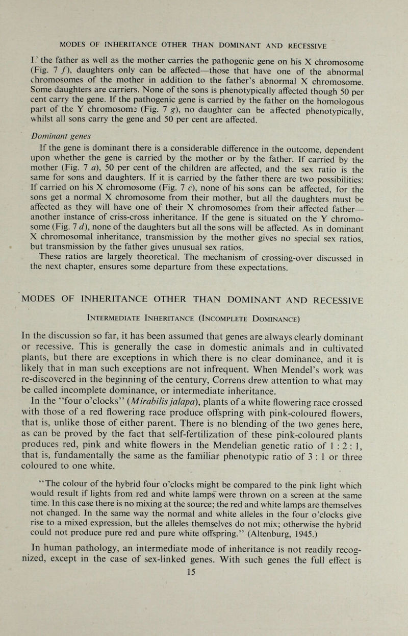 MODES OF INHERITANCE OTHER THAN DOMINANT AND RECESSIVE I.' the father as well as the mother carries the pathogenic gene on his X chromosome (Fig. 7 /), daughters only can be affected—those that have one of the abnormal chromosomes of the mother in addition to the father's abnormal X chromosome. Some daughters are carriers. None of the sons is phenotypically affected though 50 per cent carry the gene. If the pathogenic gene is carried by the father on the homologous part of the Y chromosome (Fig. 7 g), no daughter can be affected phenotypically, whilst all sons carry the gene and 50 per cent are affected. Dominant genes If the gene is dominant there is a considerable difference in the outcome, dependent upon whether the gene is carried by the mother or by the father. If carried by the mother (Fig. 7 a), 50 per cent of the children are affected, and the sex ratio is the same for sons and daughters. If it is carried by the father there are two possibilities: If carried on his X chromosome (Fig. 7 c), none of his sons can be affected, for the sons get a normal X chromosome from their mother, but all the daughters must be affected as they will have one of their X chromosomes from their affected father— another instance of criss-cross inheritance. If the gene is situated on the Y chromo¬ some (Fig. 7 d), none of the daughters but all the sons will be affected. As in dominant X chromosomal inheritance, transmission by the mother gives no special sex ratios, but transmission by the father gives unusual sex ratios. These ratios are largely theoretical. The mechanism of crossing-over discussed in the next chapter, ensures some departure from these expectations. MODES OF INHERITANCE OTHER THAN DOMINANT AND RECESSIVE Intermediate Inheritance (Incomplete Dominance) In the discussion so far, it has been assumed that genes are always clearly dominant or recessive. This is generally the case in domestic animals and in cultivated plants, but there are exceptions in which there is no clear dominance, and it is likely that in man such exceptions are not infrequent. When Mendel's work was re-discovered in the beginning of the century, Correns drew attention to what may be called incomplete dominance, or intermediate inheritance. In the four o'clocks {Mirabilis jalapa), plants of a white flowering race crossed with those of a red flowering race produce ofl'spring with pink-coloured flowers, that is, unlike those of either parent. There is no blending of the two genes here, as can be proved by the fact that self-fertilization of these pink-coloured plants produces red, pink and white flowers in the Mendelian genetic ratio of 1 : 2 : 1, that is, fundamentally the same as the familiar phenotypic ratio of 3 : 1 or three coloured to one white. The colour of the hybrid four o'clocks might be compared to the pink light which would result if lights from red and white lamps were thrown on a screen at the same time. In this case there is no mixing at the source; the red and white lamps are themselves not changed. In the same way the normal and white alleles in the four o'clocks give rise to a mixed expression, but the alleles themselves do not mix; otherwise the hybrid could not produce pure red and pure white offspring. (Altenburg, 1945.) In human pathology, an intermediate mode of inheritance is not readily recog¬ nized, except in the case of sex-linked genes. With such genes the full effect is 15