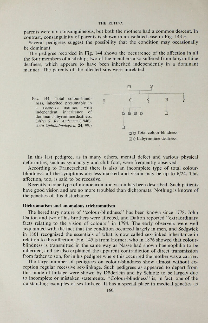TFHIE RETINA parents were not consanguineous, but both the mothers had a common descent. In contrast, consanguinity of parents is shown in an isolated case in Fig. 143 c. Several pedigrees suggest the possibility that the condition may occasionally be dominant. The pedigree recorded in Fig. 144 shows the occurrence of the afiFection in all the four members of a sibship; two of the members also suffered from labyrinthine deafness, which appears to have been inherited independently in a dominant manner. The parents of the affected sibs were unrelated. Fig. 144.—Total colour-blind¬ ness, inherited presumably in a recessive manner, with independent inheritance of dominant labyrinthine deafness. (After S. Ry. Andersen (1946). Acta Ophthalmologica, 24, 99.) È I ¿ ¿ ¿1 ¿ □ □ @ Total colour-blindness. □ 0 Labyrinthine deafness. In this last pedigree, as in many others, mental defect and various physical deformities, such as syndactyly and club foot, were frequently observed. According to Franceschetti there is also an incomplete type of total colour¬ blindness: all the symptoms are less marked and vision may be up to 6/24. This affection, too, is said to be recessive. Recently a cone type of monochromatic vision has been described. Such patients have good vision and are no more troubled than dichromats. Nothing is known of the genetics of this disturbance. Dichromatism and anomalous trichromatism The hereditary nature of colour-blindness has been known since 1778. John Dalton and two of his brothers were affected, and Dalton reported extraordinary facts relating to the vision of colours in 1794. The early observers were well acquainted with the fact that the condition occurred largely in men, and Sedgwick in 1861 recognized the essentials of what is now called sex-linked inheritance in relation to this affection. Fig. 145 is from Horner, who in 1876 showed that colour¬ blindness is transmitted in the same way as Nasse had shown haemophilia to be inherited, and he also explained the apparent contradiction of direct transmission from father to son, for in his pedigree where this occurred the mother was a carrier. The large number of pedigrees on colour-blindness show almost without ex¬ ception regular recessive sex-linkage. Such pedigrees as appeared to depart from this mode of linkage were shown by Döderlein and by Schiotz to be largely due to incomplete or mistaken statements. Colour-blindness is, in fact, one of the outstanding examples of sex-linkage. It has a special place in medical genetics as 160