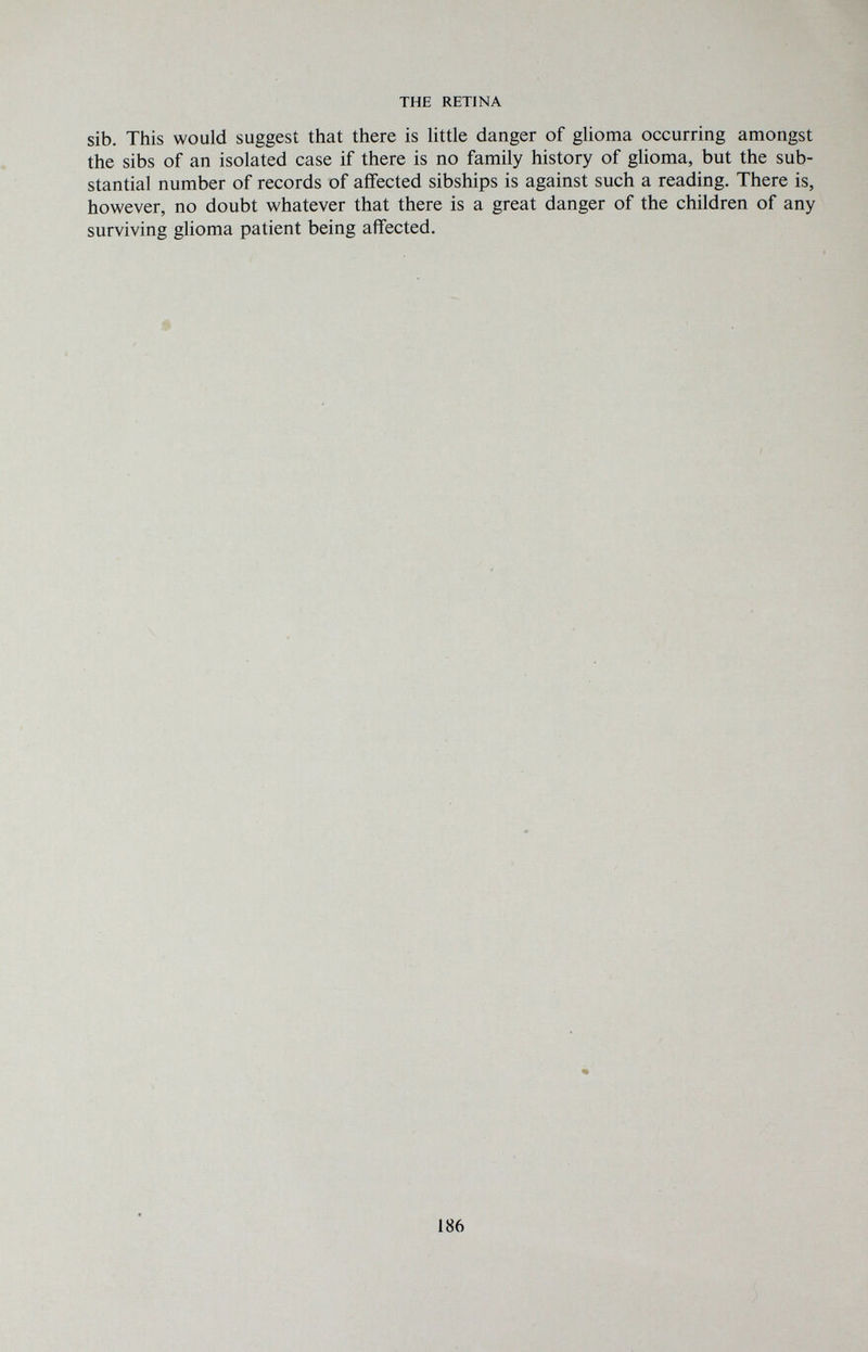 THE RETINA sib. This would suggest that there is Httle danger of glioma occurring amongst the sibs of an isolated case if there is no family history of glioma, but the sub¬ stantial number of records of affected sibships is against such a reading. There is, however, no doubt whatever that there is a great danger of the children of any surviving glioma patient being affected. 186
