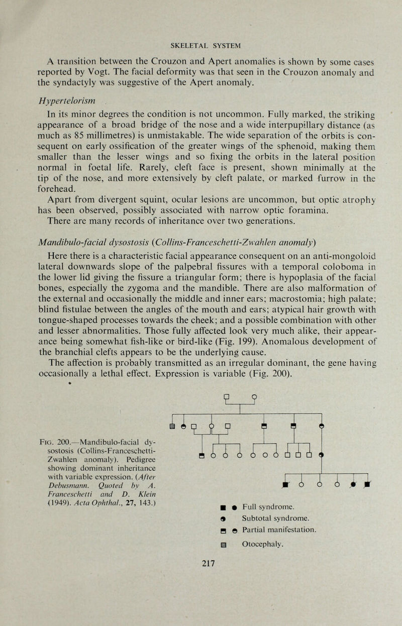 SKELETAL SYSTEM A transition between the Crouzon and Apert anomalies is shown by some cases reported by Vogt. The facial deformity was that seen in the Crouzon anomaly and the syndactyly was suggestive of the Apert anomaly. Hypertelorism In its minor degrees the condition is not uncommon. Fully marked, the striking appearance of a broad bridge of the nose and a wide interpupillary distance (as much as 85 millimetres) is unmistakable. The wide separation of the orbits is con¬ sequent on early ossification of the greater wings of the sphenoid, making them smaller than the lesser wings and so fixing the orbits in the lateral position normal in foetal life. Rarely, cleft face is present, shown minimally at the tip of the nose, and more extensively by cleft palate, or marked furrow in the forehead. Apart from divergent squint, ocular lesions are uncommon, but optic atrophy has been observed, possibly associated with narrow optic foramina. There are many records of inheritance over two generations. Mandibuio-facial dysostosis (ColUns-Franceschetti-Zwahlen anomaly) Here there is a characteristic facial appearance consequent on an anti-mongoloid lateral downwards slope of the palpebral fissures with a temporal coloboma in the lower lid giving the fissure a triangular form; there is hypoplasia of the facial bones, especially the zygoma and the mandible. There are also malformation of the external and occasionally the middle and inner ears; macrostomia; high palate; blind fistulae between the angles of the mouth and ears; atypical hair growth with tongue-shaped processes towards the cheek; and a possible combination with other and lesser abnormalities. Those fully affected look very much alike, their appear¬ ance being somewhat fish-like or bird-like (Fig. 199). Anomalous development of the branchial clefts appears to be the underlying cause. The añection is probably transmitted as an irregular dominant, the gene having occasionally a lethal effect. Expression is variable (Fig. 200). H H e Fig. 200.—Mandibuio-facial dy¬ sostosis (Collins-Franceschetti- Zwahlen anomaly). Pedigree showing dominant inheritance with variable expression. {After Debusmann. Quoted by A. Franceschetti and D. Klein (1949). Acta Ophtha!., 27, 143.) ■ • Full syndrome. 9 Subtotal syndrome. H e Partial manifestation. a Otocephaly. 217