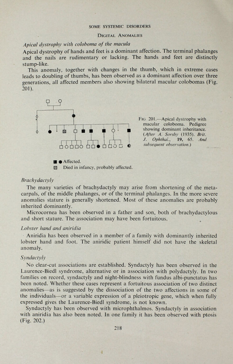 SOME SYSTEMIC DISORDERS Digital Anomalies Apical dystrophy with coloboma of the macula Apical dystrophy of hands and feet is a dominant affection. The terminal phalanges and the nails are rudimentary or lacking. The hands and feet are distinctly stump-like. This anomaly, together with changes in the thumb, which in extreme cases leads to doubling of thumbs, has been observed as a dominant affection over three generations, all affected members also showing bilateral macular colobomas (Fig. 201). Fig 201.—Apical dystrophy with macular coloboma. Pedigree showing dominant inheritance. {After A. Sorsby (1935). Brit. J. Ophthal., 19, 65. And subséquent observation^ ■ • Affected. Ш Died in infancy, probably affected. Brachydactyly The many varieties of brachydactyly may arise from shortening of the meta¬ carpals, of the middle phalanges, or of the terminal phalanges. In the more severe anomalies stature is generally shortened. Most of these anomalies are probably inherited dominantly. Microcornea has been observed in a father and son, both of brachydactylous and short stature. The association may have been fortuitous. Lobster hand and aniridia Aniridia has been observed in a member of a family with dominantly inherited lobster hand and foot. The aniridic patient himself did not have the skeletal anomaly. Syndactyly No clear-cut associations are established. Syndactyly has been observed in the Laurence-Biedl syndrome, alternative or in association with Polydactyly. In two families on record, syndactyly and night-blindness with fundus albi-punctatus has been noted. Whether these cases represent a fortuitous association of two distinct anomalies—as is suggested by the dissociation of the two affections in some of the individuals—or a variable expression of a pleiotropic gene, which when fully expressed gives the Laurence-Biedl syndrome, is not known. Syndactyly has been observed with microphthalmos. Syndactyly in association with aniridia has also been noted. In one family it has been observed with ptosis (Fig. 202.) 218 Lì Í Ì ili U 1 A ¿1 iîïïài oKi [] Lob 4