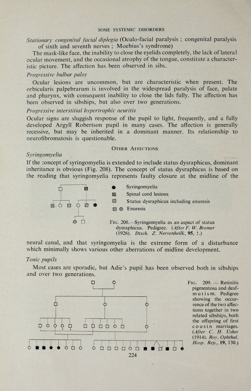 SOME SYSTEMIC DISORDERS Stationary congenital facial diplegia (Oculo-facial paralysis ; congenital paralysis of sixth and seventh nerves ; Moebius's syndrome) The mask-like face, the inability to close the eyelids completely, the lack of lateral ocular movement, and the occasional atrophy of the tongue, constitute a character¬ istic picture. The affection has been observed in sibs. Progressive bulbar palsy Ocular lesions are uncommon, but are characteristic when present. The orbicularis palpebrarum is involved in the widespread paralysis of face, palate and pharynx, with consequent inability to close the lids fully. The affection has been observed in sibships, but also over two generations. Progressive interstitial hypertrophic neuritis Ocular signs are sluggish response of the pupil to light, frequently, and a fully developed Argyll Robertson pupil in many cases. The affection is generally recessive, but may be inherited in a dominant manner. Its relationship to neurofibromatosis is questionable. Other Affections Syringomyelia If the ::oncept of syringomyelia is extended to include status dysraphicus, dominant inheritance is obvious (Fig. 208). The concept of status dysraphicus is based on the reading that syringomyelia represents faulty closure at the midline of the 6 ¿ à о □ ф Syringomyelia H Spinal cord lesions Ш Status dysraphicus including enuresis Ш Ф Enuresis Fig. 208.—Syringomyelia as an aspect of status dysraphicus. Pedigree. (After F. VV. Bremer (1926). Dtsch. Z. Nervenheilk, 95, 1.) neural canal, and that syringomyelia is the extreme form of a disturbance which minimally shows various other aberrations of midline development. Tonic pupils Most cases are sporadic, but Adie's pupil has been observed both in sibships and over two generations. Fig. 209. — Retinitis pigmentosa and deaf- mutism. Pedigree showing the occur¬ rence of the two affec¬ tions together in two related sibships, both the offspring of first cousin marriages. (After C. H. Usher (1914). Roy. Ophthal. Hosp. Rep., 19, 130.) im ÍT D □ □ о 224 ÎTT^ 0