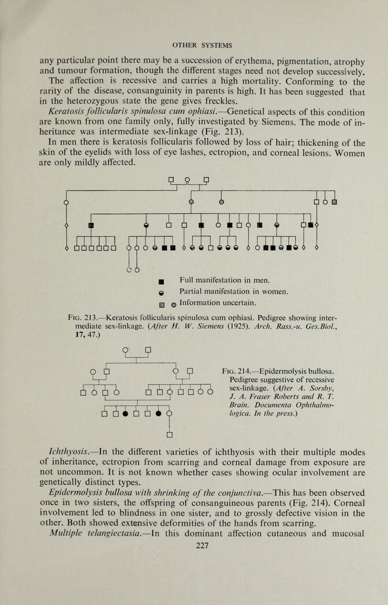 OTHER SYSTEMS any particular point there may be a succession of erythema, pigmentation, atrophy and tumour formation, though the different stages need not develop successively. The affection is recessive and carries a high mortality. Conforming to the rarity of the disease, consanguinity in parents is high. It has been suggested that in the heterozygous state the gene gives freckles. Keratosis follicularis spinulosa cum ophiasi.—Genetical aspects of this condition are known from one family only, fully investigated by Siemens. The mode of in¬ heritance was intermediate sex-linkage (Fig. 213). In men there is keratosis follicularis followed by loss of hair; thickening of the skin of the eyelids with loss of eye lashes, ectropion, and corneal lesions. Women are only mildly affected. i U i AiiU ЩТШШШ 9 д <> о о ó ц Full manifestation in men. © Partial manifestation in women. ^ @ Information uncertain. Fig. 213.—Keratosis follicularis spinulosa cum ophiasi. Pedigree showing inter¬ mediate sex-linkage. (After H. W. Siemens (1925). Arch. Rass.-u. Ges.Biol., 17, 47.) ? 9 V? J à à 4 i ¿ 4 ¿ □ ¿ ¿ cj) ¿ Ò ¿ 6 Fig. 214.—Epidermolysis bullosa. Pedigree suggestive of recessive sex-linkage. (After A. Sorsby, J. A. Fraser Roberts and R. T. Brain. Documenta Ophthaimo- logica. In the press.) Ichthyosis.—In the different varieties of ichthyosis with their multiple modes of inheritance, ectropion from scarring and corneal damage from exposure are not uncommon. It is not known whether cases showing ocular involvement are genetically distinct types. Epidermolysis bullosa with shrinking of the conjunctiva.—This has been observed once in two sisters, the offspring of consanguineous parents (Fig. 214). Corneal involvement led to blindness in one sister, and to grossly defective vision in the other. Both showed extensive deformities of the hands from scarring. Multiple telangiectasia.—In this dominant affection cutaneous and mucosal 111
