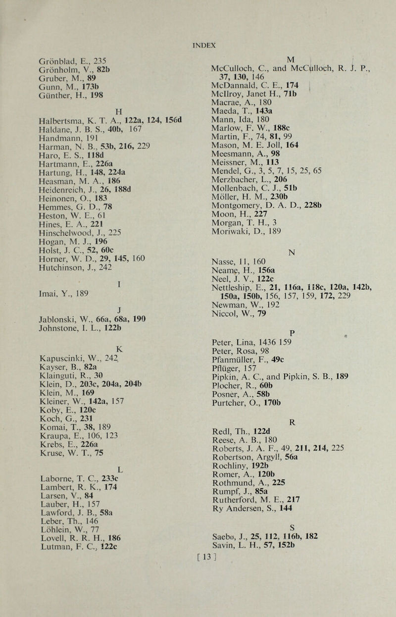 INDEX Grönblad, е., 235 Grönholm, v., 82b Gruber, M., 89 Gunn, M., Í73b Günther, H., 198 H Halbertsrna, K. T. A., 122a, 124, 156d Haidane, J. B. S., 40b, 167 Handmann, 191 Harman, N. В., 53b, 216, 229 Haro, E. S., 118d Hartmann, E., 226a Härtung, H., 148, 224a Heasman, M. A., 186 Heidenreich, J., 26, 188d Heinonen, O., 183 Hemmes, G. D., 78 Heston, W. E., 61 Hines, E. A., 221 Hinschelwood, J., 225 Hogan, M. J., 196 Holst, J. C., 52, 60c Horner, W. D., 29, 145, 160 Hutchinson, J., 242 I Imai, Y., 189 J Jablonski, W., 66a, 68a, 190 Johnstone, I. L., 122b К Kapuscinki, W., 242 Kayser, В., 82a Klainguti, R., 30 Klein, D., 203c, 204a, 204b Klein, M., 169 Kleiner, W., 142a, 157 Koby, E., 120c Koch, G., 231 Komai, T., 38, 189 Kraupa, E., 106, 123 Krebs, E., 226a Kruse, W. T., 75 L Laborne, T. C., 233c Lambert, R. K., 174 Larsen, V., 84 Lauber, H., 157 Lawford, J. В., 58a Leber, Th., 146 Löhlein, W., 77 Lovell, R. R. H., 186 Lutman, F. C., 122c M McCulloch, C., and McCulloch, R. J. P. 37, 130, 146 McDannald, С E., 174 Mcllroy, Janet H., 71b Macrae, A., 180 Maeda, T., 143a Mann, Ida, 180 Marlow, F. W., 188c Martin, F., 74, 81, 99 Mason, M. E. Joli, 164 Meesmann, A., 98 Meissner, M., 113 Mendel, G., 3, 5, 7, 15, 25, 65 Merzbacher, L., 206 Mollenbach, C. J., 51b Möller, H. M., 230b Montgomery, D. A. D., 228b Moon, H., 227 Morgan, T. H., 3 Moriwaki, D., 189 N Nasse, 11, 160 Neame, H., 156a Neel, J. V., 122c Nettleship, E., 21, 116a, 118c, 120a, 142b 150a, 150b, 156, 157, 159, 172, 229 Newman, W., 192 Niccol, W., 79 Peter, Lina, 1436 159 Peter, Rosa, 98 Pfanmüller, F., 49c Pflüger, 157 Pipkin, A. е., and Pipkin, S. В., 189 Piocher, R., 60b Posner, A., 58b Purtcher, O., 170b R Redl, Th., 122d Reese, A. В., 180 Roberts, J. A. F., 49, 211, 214, 225 Robertson, Argyll, 56a Rochliny, 192b Romer, A., 120b Rothmund, A., 225 Rumpf, J., 85a Rutherford, M. E., 217 Ry Andersen, S., 144 S Saeb0, J., 25, 112, 116b, 182 Savin, L. H., 57, 152b [13]