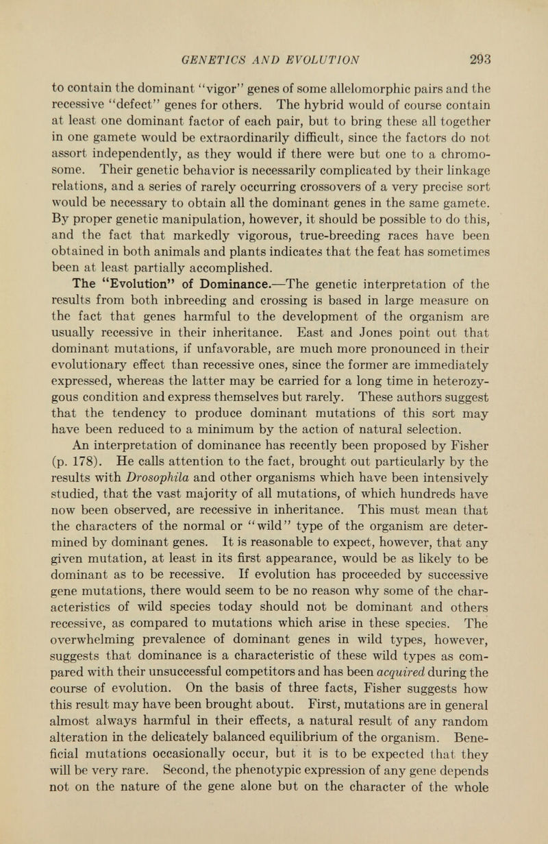 to contain the dominant vigor genes of some allelomorphic pairs and the recessive defect genes for others. The hybrid would of course contain at least one dominant factor of each pair, but to bring these all together in one gamete would be extraordinarily difficult, since the factors do not assort independently, as they would if there were but one to a chromo some. Their genetic behavior is necessarily complicated by their linkage relations, and a series of rarely occurring crossovers of a very precise sort would be necessary to obtain all the dominant genes in the same gamete. By proper genetic manipulation, however, it should be possible to do this, and the fact that markedly vigorous, true-breeding races have been obtained in both animals and plants indicates that the feat has sometimes been at least partially accomplished. The Evolution of Dominance. —The genetic interpretation of the results from both inbreeding and crossing is based in large measure on the fact that genes harmful to the development of the organism are usually recessive in their inheritance. East and Jones point out that dominant mutations, if unfavorable, are much more pronounced in their evolutionary effect than recessive ones, since the former are immediately expressed, whereas the latter may be carried for a long time in heterozy gous condition and express themselves but rarely. These authors suggest that the tendency to produce dominant mutations of this sort may have been reduced to a minimum by the action of natural selection. An interpretation of dominance has recently been proposed by Fisher (p. 178). He calls attention to the fact, brought out particularly by the results with Drosophila and other organisms which have been intensively studied, that the vast majority of all mutations, of which hundreds have now been observed, are recessive in inheritance. This must mean that the characters of the normal or wild type of the organism are deter mined by dominant genes. It is reasonable to expect, however, that any given mutation, at least in its first appearance, would be as likely to be dominant as to be recessive. If evolution has proceeded by successive gene mutations, there would seem to be no reason why some of the char acteristics of wild species today should not be dominant and others recessive, as compared to mutations which arise in these species. The overwhelming prevalence of dominant genes in wild types, however, suggests that dominance is a characteristic of these wild types as com pared with their unsuccessful competitors and has been acquired during the course of evolution. On the basis of three facts, Fisher suggests how this result may have been brought about. First, mutations are in general almost always harmful in their effects, a natural result of any random alteration in the delicately balanced equilibrium of the organism. Bene ficial mutations occasionally occur, but it is to be expected that they will be very rare. Second, the phenotypic expression of any gene depends not on the nature of the gene alone but on the character of the whole