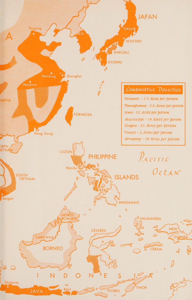@ ~ J Nanking es Shanghai Delawave ~ 2.5 Acves per person | Pennsylvania - 2.5 Acves per person lowa-12 Acres per person _ Mississippi-—14 Aeves per person | Ovegou~32 Acres per person | Frauce~z Acres per person Uruguay — 18 Acres per person oe Sie oe PHILIPPINE . ISLANDS