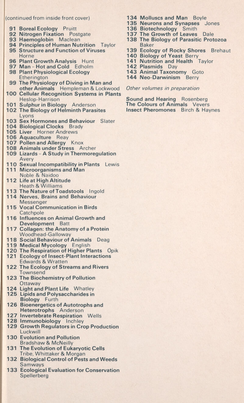 (continued from inside front cover) 91 Boreal Ecology Pruitt 92 Nitrogen Fixation Postgate 93 Haemoglobin Maclean 94 Principles of Human Nutrition Taylor 95 Structure and Function of Viruses Home 96 Plant Growth Analysis Hunt 97 Man - Hot and Cold Edholm 98 Plant Physiological Ecology Etherington 99 The Physiology of Diving in Man and other Animals Hempleman & Lockwood 100 Cellular Recognition Systems in Plants Heslop-Harrison 101 Sulphur in Biology Anderson 102 The Biology of Helminth Parasites Lyons 103 Sex Hormones and Behaviour Slater 104 Biological Clocks Brady 105 Liver Horner Andrews 106 Aquaculture Reay 107 Pollen and Allergy Knox 108 Animals under Stress Archer 109 Lizards - A Study in Thermoregulation Avery 110 Sexual Incompatibility in Plants Lewis 111 Microorganisms and Man Noble & Naidoo 112 Life at High Altitude Heath & Williams 113 The Nature of Toadstools Ingold 114 Nerves, Brains and Behaviour Messenger 115 Vocal Communication in Birds Catchpole 116 Influences on Animal Growth and Development Batt 117 Collagen: the Anatomy of a Protein Woodhead-Ga Noway 118 Social Behaviour of Animals Deag 119 Medical Mycology English 120 The Respiration of Higher Plants Opik 121 Ecology of Insect-Plant Interactions Edwards & Wratten 122 The Ecology of Streams and Rivers Townsend 123 The Biochemistry of Pollution Ottaway 124 Light and Plant Life Whatley 125 Lipids and Polysaccharides in Biology Furth 126 Bioenergetics of Autotrophs and Heterotrophs Anderson 127 Invertebrate Respiration Wells 128 Immunobiology inchley 129 Growth Regulators in Crop Production Luckwill 130 Evolution and Pollution Bradshaw & McNeilly 131 The Evolution of Eukaryotic Cells Tribe, Whittaker & Morgan 132 Biological Control of Pests and Weeds Samways 133 Ecological Evaluation for Conservation Spellerberg 134 Molluscs and Man Boyle 135 Neurons and Synapses Jones 136 Biotechnology Smith 137 The Growth of Leaves Dale 138 The Biology of Parasitic Protozoa Baker 139 Ecology of Rocky Shores Brehaut 140 Biology of Yeast Berry 141 Nutrition and Health Taylor 142 Plasmids Day 143 Animal Taxonomy Goto 144 Neo-Darwinism Berry Other volumes in preparation Sound and Hearing Rosenberg The Colours of Animals Vevers Insect Pheromones Birch & Haynes