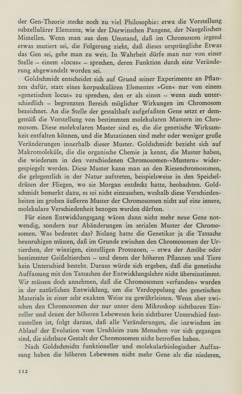 der Gen-Theorie stecke noch zu viel Philosophie: etwa die Vorstellung subzellulärer Elemente, wie der Darwinschen Pangene, der Naegelischen Miszellen. Wenn man aus dem Umstand, daß im Chromosom irgend etwas mutiert sei, die Folgerung zieht, daß dieses ursprüngliche Etwas das Gen sei, gehe man zu weit. In Wahrheit dürfe man nur von einer Stelle — einem »locus« — sprechen, deren Funktion durch eine Verände¬ rung abgewandelt worden sei. Goldschmidt entscheidet sich auf Grund seiner Experimente an Pflan¬ zen dafür, statt eines korpuskulären Elementes »Gen« nur von einem »genetischen locus« zu sprechen, den er als einen - wenn auch unter¬ schiedlich - begrenzten Bereich möglicher Wirkungen im Chromosom bezeichnet. An die Stelle der gestalthaft aufgefaßten Gene setzt er dem¬ gemäß die Vorstellung von bestimmten molekularen Mustern im Chro¬ mosom. Diese molekularen Muster sind es, die die genetische Wirksam¬ keit entfalten können, und die Mutationen sind mehr oder weniger große Veränderungen innerhalb dieser Muster. Goldschmidt bezieht sich auf Makromoleküle, die die organische Chemie ja kennt, die Muster haben, die wiederum in den verschiedenen Chromosomen-»Mustern« wider¬ gespiegelt werden. Diese Muster kann man an den Riesenchromosomen, die gelegentlich in der Natur auftreten, beispielsweise in den Speichel¬ drüsen der Fliegen, wo sie Morgan entdeckt hatte, beobachten. Gold¬ schmidt bemerkt dazu, es sei nicht einzusehen, weshalb diese Verschieden¬ heiten im groben äußeren Muster der Chromosomen nicht auf eine innere, molekulare Verschiedenheit bezogen werden dürften. Für einen Entwicklungsgang wären dann nicht mehr neue Gene not¬ wendig, sondern nur Abänderungen im señalen Muster der Chromo¬ somen. Was bedeutet das? Bislang hatte die Genetiker ja die Tatsache beunruhigen müssen, daß im Grunde zwischen den Chromosomen der Ur- tierchen, der winzigen, einzelligen Protozoen, - etwa der Amöbe oder bestimmter Geißeltierchen - und denen der höheren Pflanzen und Tiere kein Unterschied besteht. Daraus würde sidi ergeben, daß die genetische Auffassung mit den Tatsachen der Entwicklungslehre nicht übereinstimmt. Wir müssen doch annehmen, daß die Chromosomen »erfunden« wurden in der natürlichen Entwicklung, um die Verdoppelung des genetischen Materials in einer sehr exakten Weise zu gewährleisten. Wenn aber zwi¬ schen den Chromosomen der nur unter dem Mikroskop sichtbaren Ein¬ zeller und denen der höheren Lebewesen kein sichtbarer Unterschied fest¬ zustellen ist, folgt daraus, daß alle Veränderungen, die inzwischen im Ablauf der Evolution vom Urschleim zum Menschen vor sich gegangen sind, die sichtbare Gestalt der Chromosomen nicht betroffen haben. Nach Goldsdimidts funktioneller und molekularbiologischer Auffas¬ sung haben die höheren Lebewesen nicht mehr Gene als die niederen, 112