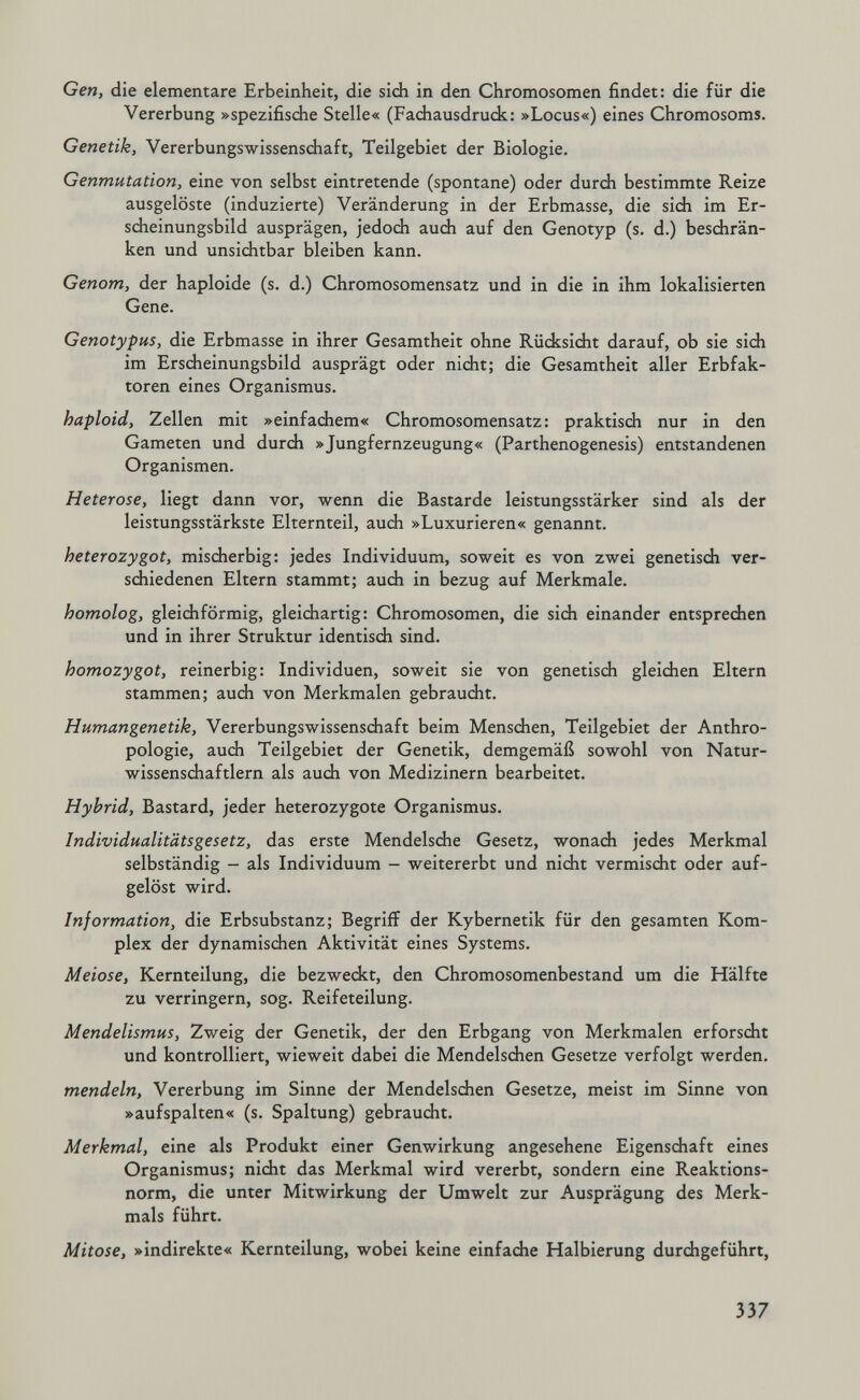 Gen, die elementare Erbeinheit, die sich in den Chromosomen findet: die für die Vererbung »spezifische Stelle« (Fachausdruck: »Locus«) eines Chromosoms. Genetik, Vererbungswissenschaft, Teilgebiet der Biologie. Genmutation, eine von selbst eintretende (spontane) oder durch bestimmte Reize ausgelöste (induzierte) Veränderung in der Erbmasse, die sich im Er¬ scheinungsbild ausprägen, jedoch auch auf den Genotyp (s. d.) beschrän¬ ken und unsichtbar bleiben kann. Genom, der haploide (s. d.) Chromosomensatz und in die in ihm lokalisierten Gene. Genotypus, die Erbmasse in ihrer Gesamtheit ohne Rücksicht darauf, ob sie sich im Erscheinungsbild ausprägt oder nicht; die Gesamtheit aller Erbfak¬ toren eines Organismus. haploid, Zellen mit »einfachem« Chromosomensatz: praktisch nur in den Gameten und durch »Jungfernzeugung« (Parthenogenesis) entstandenen Organismen. Heterose, liegt dann vor, wenn die Bastarde leistungsstärker sind als der leistungsstärkste Elternteil, auch »Luxurieren« genannt. heterozygot, mischerbig: jedes Individuum, soweit es von zwei genetisch ver¬ schiedenen Eltern stammt; auch in bezug auf Merkmale. homolog, gleichförmig, gleichartig: Chromosomen, die sich einander entsprechen und in ihrer Struktur identisch sind. homozygot, reinerbig: Individuen, soweit sie von genetisch gleichen Eltern stammen; auch von Merkmalen gebraucht. Humangenetik, Vererbungswissenschaft beim Menschen, Teilgebiet der Anthro¬ pologie, auch Teilgebiet der Genetik, demgemäß sowohl von Natur¬ wissenschaftlern als auch von Medizinern bearbeitet. Hybrid, Bastard, jeder heterozygote Organismus. Individualitätsgesetz, das erste Mendelsche Gesetz, wonach jedes Merkmal selbständig - als Individuum - weitererbt und nicht vermischt oder auf¬ gelöst wird. Information, die Erbsubstanz; Begriff der Kybernetik für den gesamten Kom¬ plex der dynamischen Aktivität eines Systems. Meiose, Kernteilung, die bezweckt, den Chromosomenbestand um die Hälfte zu verringern, sog. Reifeteilung. Mendelismus, Zweig der Genetik, der den Erbgang von Merkmalen erforscht und kontrolliert, wieweit dabei die Mendelschen Gesetze verfolgt werden. mendeln, Vererbung im Sinne der Mendelschen Gesetze, meist im Sinne von »aufspalten« (s. Spaltung) gebraucht. Merkmal, eine als Produkt einer Genwirkung angesehene Eigenschaft eines Organismus; nicht das Merkmal wird vererbt, sondern eine Reaktions¬ norm, die unter Mitwirkung der Umwelt zur Ausprägung des Merk¬ mals führt. Mitose, »indirekte« Kernteilung, wobei keine einfache Halbierung durchgeführt, 337