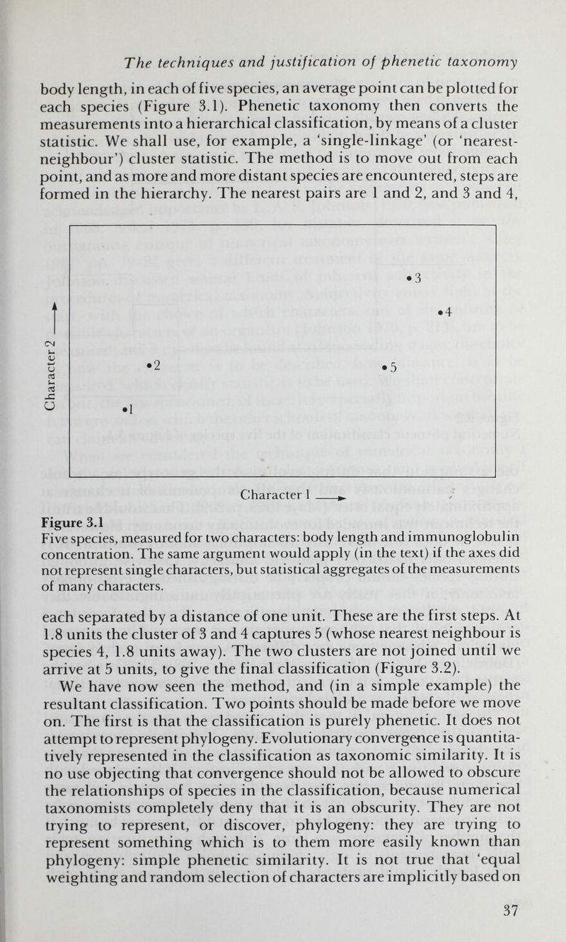 The techniques and justification of phenetic taxonomy body length, in each of five species, an average point can be plotted for each species (Figure 3.1). Phenetic taxonomy then converts the measurements into a hierarchical classification, by means of a cluster statistic. We shall use, for example, a 'single-linkage' (or 'nearest- neighbour') cluster statistic. The method is to move out from each point, and as more and more distant species are encountered, steps are formed in the hierarchy. The nearest pairs are 1 and 2, and 3 and 4, CN U flj и OJ u л JZ Ü Character 1 ». Figure 3.1 Five species, measured for two characters: body length and immunoglobulin concentration. The same argument would apply (in the text) if the axes did not represent single characters, but statistical aggregates of the measurements of many characters. each separated by a distance of one unit. These are the first steps. At 1.8 units the cluster of 3 and 4 captures 5 (whose nearest neighbour is species 4, 1.8 units away). The two clusters are not joined until we arrive at 5 units, to give the final classification (Figure 3.2). We have now seen the method, and (in a simple example) the resultant classification. Two points should be made before we move on. The first is that the classification is purely phenetic. It does not attempt to represent phylogeny. Evolutionary convergence is quantita¬ tively represented in the classification as taxonomic similarity. It is no use objecting that convergence should not be allowed to obscure the relationships of species in the classification, because numerical taxonomists completely deny that it is an obscurity. They are not trying to represent, or discover, phylogeny: they are trying to represent something which is to them more easily known than phylogeny; simple phenetic similarity. It is not true that 'equal weighting and random selection of characters are implicitly based on 37