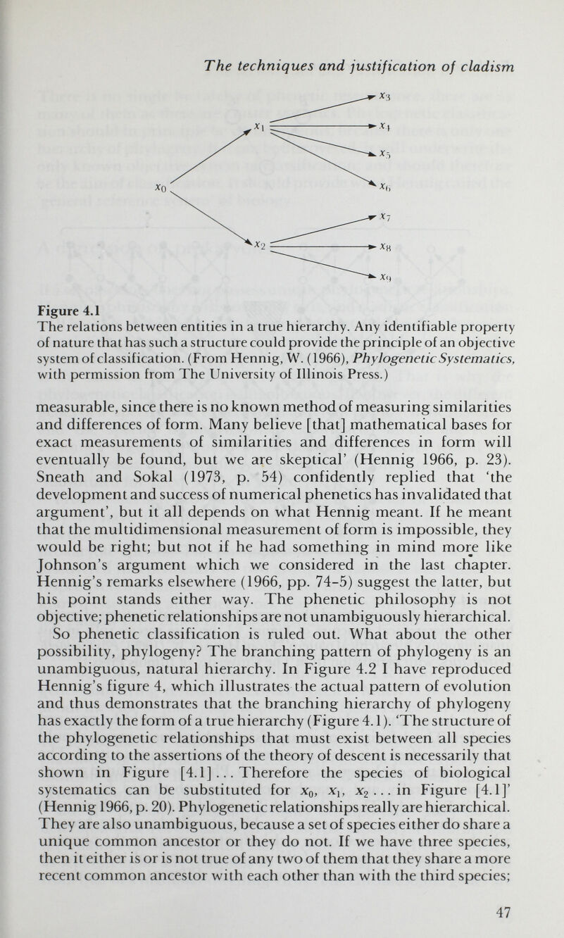 The techniques and justification of cladism Figure 4.1 The relations between entities in a true hierarchy. Any identifiable property of nature that has such a structure could provide the principle of an objective system of classification. (From Hennig, W. (1966), PhylogeneticSystematics, v^'ith permission from The University of Illinois Press.) measurable, since there is no knovs^n method of measuring similarities and differences of form. Many believe [that] mathematical bases for exact measurements of similarities and differences in form will eventually be found, but we are skeptical' (Hennig 1966, p. 23). Sneath and Sokal (1973, p. 54) confidently replied that 'the development and success of numerical phenetics has invalidated that argument', but it all depends on what Hennig meant. If he meant that the multidimensional measurement of form is impossible, they would be right; but not if he had something in mind more like Johnson's argument which we considered in the last chapter. Hennig's remarks elsewhere (1966, pp. 74-5) suggest the latter, but his point stands either way. The phenetic philosophy is not objective; phenetic relationships are not unambiguously hierarchical. So phenetic classification is ruled out. What about the other possibility, phylogeny? The branching pattern of phylogeny is an unambiguous, natural hierarchy. In Figure 4.2 I have reproduced Hennig's figure 4, which illustrates the actual pattern of evolution and thus demonstrates that the branching hierarchy of phylogeny has exactly the form of a true hierarchy (Figure 4.1 ). 'The structure of the phylogenetic relationships that must exist between all species according to the assertions of the theory of descent is necessarily that shown in Figure [4.1] ... Therefore the species of biological systematics can be substituted for Xq, x^, Xg ... in Figure [4.1]' (Hennig 1966, p. 20). Phylogenetic relationships really are hierarchical. They are also unambiguous, because a set of species either do share a unique common ancestor or they do not. If we have three species, then it either is or is not true of any two of them that they share a more recent common ancestor with each other than with the third species; 47