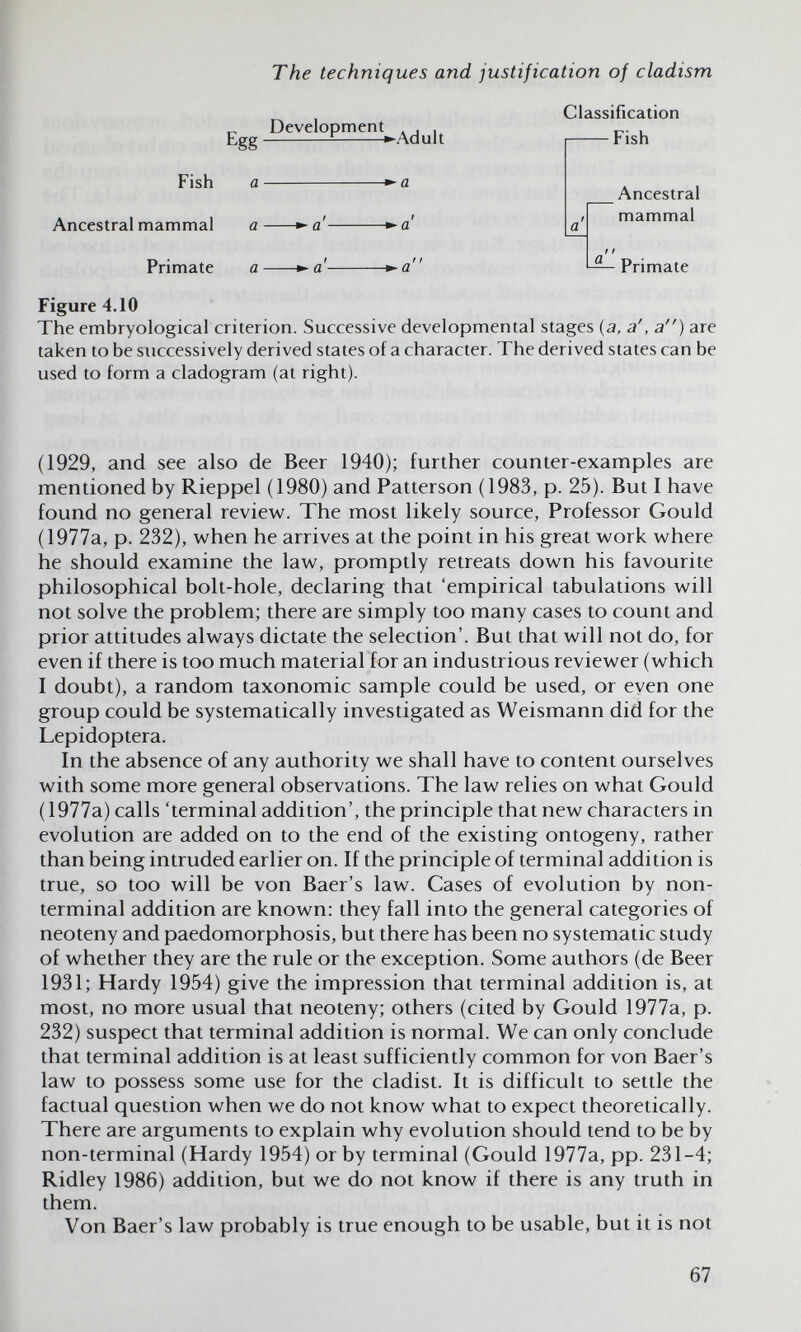 The techniques and justification of cladism Egg Development WAdult Classification Fish Fish a a Ancestral mammal Ancestral mammal a a a a Primate a a a — Primate Figure 4.10 The embryological criterion. Successive developmental stages (a, a', a) are i taken to be successively derived states of a character. The derived states can be used to form a cladogram (at right). (1929, and see also de Beer 1940); further counter-examples are mentioned by Rieppel (1980) and Patterson (1983, p. 25). But I have found no general review. The most likely source, Professor Gould (1977a, p. 232), w^hen he arrives at the point in his great work where he should examine the law, promptly retreats down his favourite philosophical bolt-hole, declaring that 'empirical tabulations will not solve the problem; there are simply too many cases to count and prior attitudes always dictate the selection'. But that will not do, for even if there is too much material for an industrious reviewer (which I doubt), a random taxonomic sample could be used, or even one group could be systematically investigated as Weismann did for the Lepidoptera. In the absence of any authority we shall have to content ourselves with some more general observations. The law relies on what Gould (1977a) calls 'terminal addition', the principle that new characters in evolution are added on to the end of the existing ontogeny, rather than being intruded earlier on. If the principle of terminal addition is true, so too will be von Baer's law. Cases of evolution by non¬ terminal addition are known: they fall into the general categories of neoteny and paedomorphosis, but there has been no systematic study of whether they are the rule or the exception. Some authors (de Beer 1931; Hardy 1954) give the impression that terminal addition is, at most, no more usual that neoteny; others (cited by Gould 1977a, p. 232) suspect that terminal addition is normal. We can only conclude that terminal addition is at least sufficiently common for von Baer's law to possess some use for the cladist. It is difficult to settle the factual question when we do not know what to expect theoretically. There are arguments to explain why evolution should tend to be by non-terminal (Hardy 1954) or by terminal (Gould 1977a, pp. 231-4; Ridley 1986) addition, but we do not know if there is any truth in them. Von Baer's law probably is true enough to be usable, but it is not 67