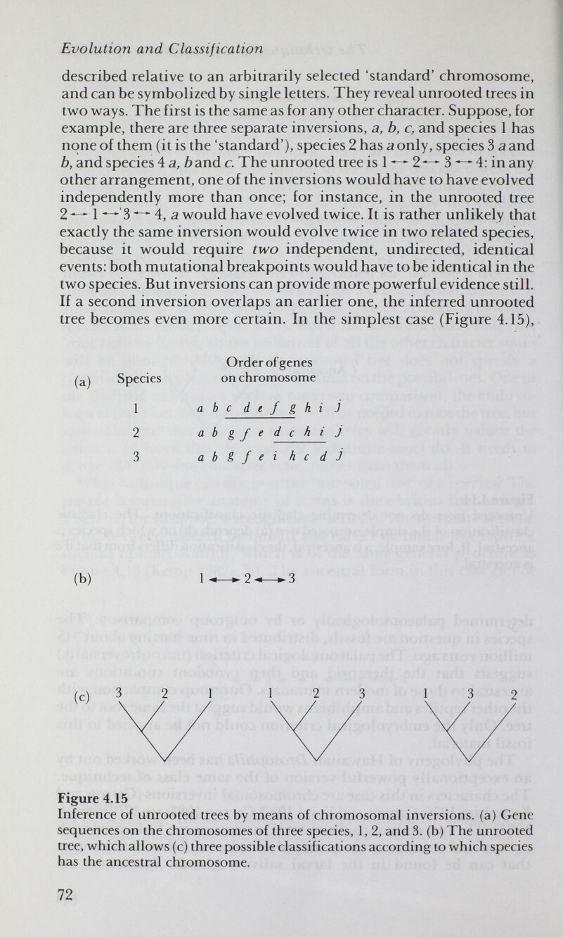 Evolution and Classification described relative to an arbitrarily selected 'standard' chromosome, and can be symbolized by single letters. They reveal unrooted trees in two ways. The first is the same as for any other character. Suppose, for example, there are three separate inversions, a, b, c, and species 1 has none of them (it is the 'standard'), species 2 has a only, species 3 a and b, and species 4 a, ¿»and c. The unrooted tree is 1 2^ 3 ^ 4: in any other arrangement, one of the inversions would have to have evolved independently more than once; for instance, in the unrooted tree 2 ^ 1 ^ 3 ^ 4, a would have evolved twice. It is rather unlikely that exactly the same inversion would evolve twice in two related species, because it would require two independent, undirected, identical events: both mutational breakpoints would have to be identical in the two species. But inversions can provide more powerful evidence still. If a second inversion overlaps an earlier one, the inferred unrooted tree becomes even more certain. In the simplest case (Figure 4.15), Order of genes on chromosome abc d e f g h i j ah gfe dchij ab&fei he dj (b) .-3 I ■ (c) ^ Figure 4.15 Inference of unrooted trees by means of chromosomal inversions, (a) Gene sequences on the chromosomes of three species, 1, 2, and 3. (b) The unrooted tree, which allows (c) three possible classifications according to which species has the ancestral chromosome. Species 1 2 3 72