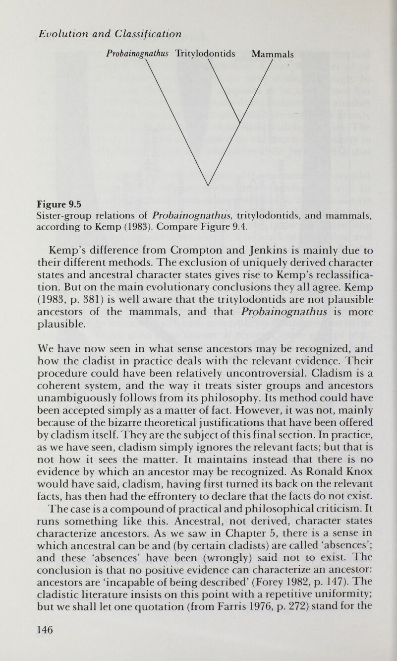 Evolution and Classification Probainognathus Tritylodontids Mammals Figure 9.5 Sister-group relations of Probainognathus, tritylodontids, and mammals, according to Kemp (1983). Compare Figure 9.4. Kemp's difference from Crompton and Jenkins is mainly due to their different methods. The exclusion of uniquely derived character states and ancestral character states gives rise to Kemp's reclassifica¬ tion. But on the main evolutionary conclusions they all agree. Kemp (1983, p. 381) is well aware that the tritylodontids are not plausible ancestors of the mammals, and that Probainognathus is more plausible. We have now seen in what sense ancestors may be recognized, and how the cladist in practice deals with the relevant evidence. Their procedure could have been relatively uncontroversial. Cladism is a coherent system, and the way it treats sister groups and ancestors unambiguously follows from its philosophy. Its method could have been accepted simply as a matter of fact. However, it was not, mainly because of the bizarre theoretical justifications that have been offered by cladism itself. They are the subject of this final section. In practice, as we have seen, cladism simply ignores the relevant facts; but that is not how it sees the matter. It maintains instead that there is no evidence by which an ancestor may be recognized. As Ronald Knox would have said, cladism, having first turned its back on the relevant facts, has then had the effrontery to declare that the facts do not exist. The case is a compound of practical and philosophical criticism. It runs something like this. Ancestral, not derived, character states characterize ancestors. As we saw in Chapter 5, there is a sense in which ancestral can be and (by certain cladists) are called 'absences'; and these 'absences' have been (wrongly) said not to exist. The conclusion is that no positive evidence can characterize an ancestor: ancestors are 'incapable of being described' (Forey 1982, p. 147). The cladistic literature insists on this point with a repetitive uniformity; but we shall let one quotation (from Farris 1976, p. 272) stand for the 146