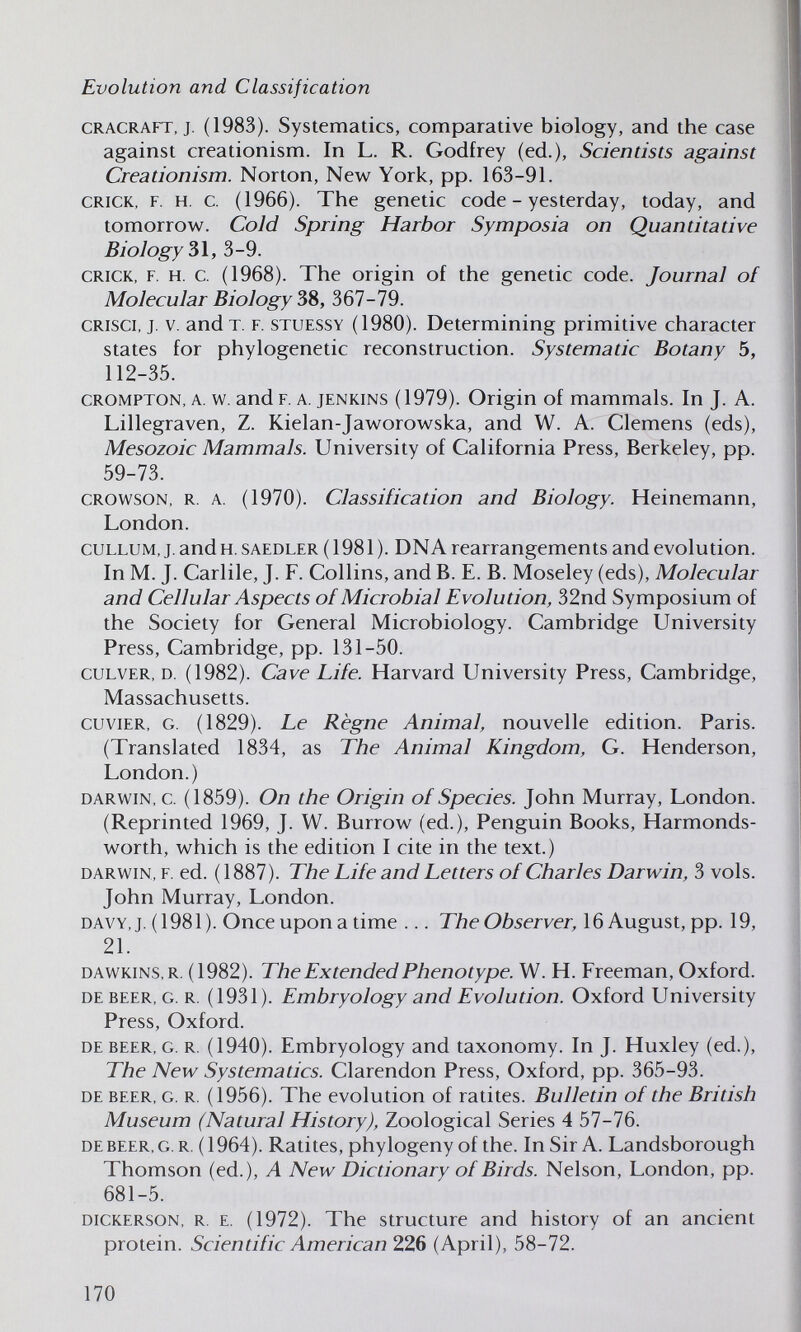 Evolution and Classification CRACRAFT, J (1983). Systematics, comparative biology, and the case against creationism. In L. R. Godfrey (ed.), Scientists against Creationism. Norton, New York, pp. 163-91. CRICK, F. H. c. (1966). The genetic code - yesterday, today, and tomorrow. Cold Spring Harbor Symposia on Quantitative Biology Si, 3-9. CRICK, F. H. c. (1968). The origin of the genetic code. Journal of Molecular Biology ЪЫ-19. CRisci, J. V. andT. F. STUESSY (1980). Determining primitive character states for phylogenetic reconstruction. Systematic Botany 5, 112-35. CROMPTON, A. w. and F. A. JENKINS (1979). Origin of mammals. In J. A. Lillegraven, Z. Kielan-Jaworowska, and W. A. Clemens (eds), Mesozoic Mammals. University of California Press, Berkeley, pp. 59-73. CROWSON, R. A. (1970). Classification and Biology. Heinemann, London. CULLUM, J. and H. SAEDLER ( 1981 ). DNA rearrangements and evolution. In M. J. Carlile, J. F. Collins, and B. E. B. Moseley (eds). Molecular and Cellular Aspects of Microbial Evolution, 32nd Symposium of the Society for General Microbiology. Cambridge University Press, Cambridge, pp. 131-50. CULVER, D. (1982). Cave Life. Harvard University Press, Cambridge, Massachusetts. cuviER, G. (1829). Le Règne Animal, nouvelle edition. Paris. (Translated 1834, as The Animal Kingdom, G. Henderson, London.) DARWIN, c. (1859). On the Origin of Species. John Murray, London. (Reprinted 1969, J. W. Burrow (ed.). Penguin Books, Harmonds- worth, which is the edition I cite in the text.) DARWIN, F. ed. (1887). The Life and Letters of Charles Darwin, 3 vols. John Murray, London. DAVY, J. (1981). Once upon a time ... 77ге Observer, 16 August, pp. 19, 21. DAWKINS, R. (1982). The Extended Phenotype. W. H. Freeman, Oxford. DE BEER, G. R. (1931). Embryology and Evolution. Oxford University Press, Oxford. DE BEER, G. R. (1940). Embryology and taxonomy. In J. Huxley (ed.), The New Systematics. Clarendon Press, Oxford, pp. 365-93. DE BEER, G. R. (1956). The evolution of ratites. Bulletin of the British Museum (Natural History), Zoological Series 4 57-76. DE BEER, G. R. (1964). Ratites, phylogeny of the. In Sir A. Landsborough Thomson (ed.), A New Dictionary of Birds. Nelson, London, pp. 681-5. DiCKERSON, R. E. (1972). The structure and history of an ancient protein. Scientific American 226 (April), 58-72. 170