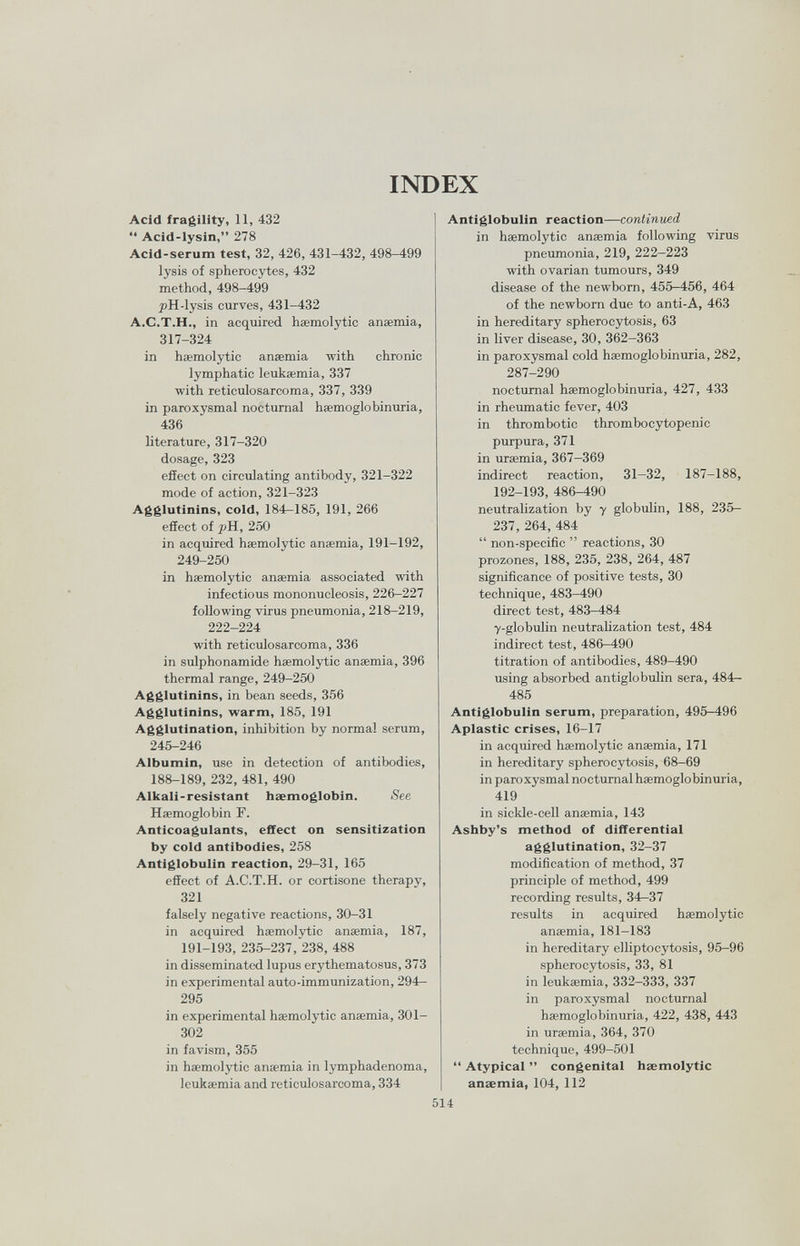 INDEX Acid fragility, 11, 432 •• Acid-lysin, 278 Acid-serum test, 32, 426, 431-432, 498-499 lysis of spherocytes, 432 method, 498-499 jîH-lysis curves, 431-432 A.C.T.H., in acquired haemolytic anaemia, 317-324 in haemolytic anaemia with chronic lymphatic leukaemia, 337 with reticulosarcoma, 337, 339 in paroxysmal nocturnal hsemoglobinuria, 436 literature, 317-320 dosage, 323 efíect on circulating antibody, 321-322 mode of action, 321-323 Agglutinins, cold, 184—185, 191, 266 effect of pM, 250 in acquired haemolytic anaemia, 191-192, 249-250 in haemolytic anaemia associated ivath infectious mononucleosis, 226-227 following virus pneumonia, 218-219, 222-224 with reticulosarcoma, 336 in sulphonamide haemolytic anaemia, 396 thermal range, 249-250 Agglutinins, in bean seeds, 356 Agglutinins, warm, 185, 191 Agglutination, inhibition by normal serum, 245-246 Albumin, use in detection of antibodies, 188-189, 232, 481, 490 Alkali-resistant haemoglobin. See Haemoglobin F. Anticoagulants, effect on sensitization by cold antibodies, 258 Antiglobulin reaction, 29-31, 165 effect of A.C.T.H. or cortisone therapy, 321 falsely negative reactions, 30-31 in acquired haemolytic anaemia, 187, 191-193, 235-237, 238, 488 in disseminated lupus erythematosus, 373 in experimental auto-immimization, 294- 295 in experimental haemolytic anaemia, 301- 302 in favism, 355 in haemolytic anaemia in lymphadenoma, leukaemia and reticulosarcoma, 334 Antiglobulin reaction—continued in haemolytic anaemia following virus pneumonia, 219, 222-223 with ovarian tumours, 349 disease of the newborn, 455-456, 464 of the newborn due to anti-A, 463 in hereditary spherocytosis, 63 in liver disease, 30, 362-363 in paroxysmal cold haemoglobinuria, 282, 287-290 nocturnal haemoglobinuria, 427, 433 in rheumatic fever, 403 in thrombotic thrombocytopenic purpura, 371 in uraemia, 367-369 indirect reaction, 31—32, 187-188, 192-193, 486-490 neutralization by v globulin, 188, 235- 237, 264, 484  non-specific  reactions, 30 prozones, 188, 235, 238, 264, 487 significance of positive tests, 30 technique, 483-490 direct test, 483-484 y-globulin neutralization test, 484 indirect test, 486-490 titration of antibodies, 489-490 using absorbed antiglobulin sera, 484- 485 Antiglobulin serum, preparation, 495-496 Aplastic crises, 16-17 in acquired haemolytic anaemia, 171 in hereditary spherocytosis, 68-69 in paroxysmal nocturnal haemoglobinuria, 419 in sickle-cell anaemia, 143 Ashby's method of differential agglutination, 32-37 modification of method, 37 principle of method, 499 recording results, 34r-37 results in acquired haemolytic anaemia, 181-183 in hereditary elliptocytosis, 95-96 spherocytosis, 33, 81 in leukaemia, 332-333, 337 in paroxysmal nocturnal haemoglobinuria, 422, 438, 443 in uraemia, 364, 370 technique, 499-501  Atypical  congenital haemolytic anaemia, 104, 112