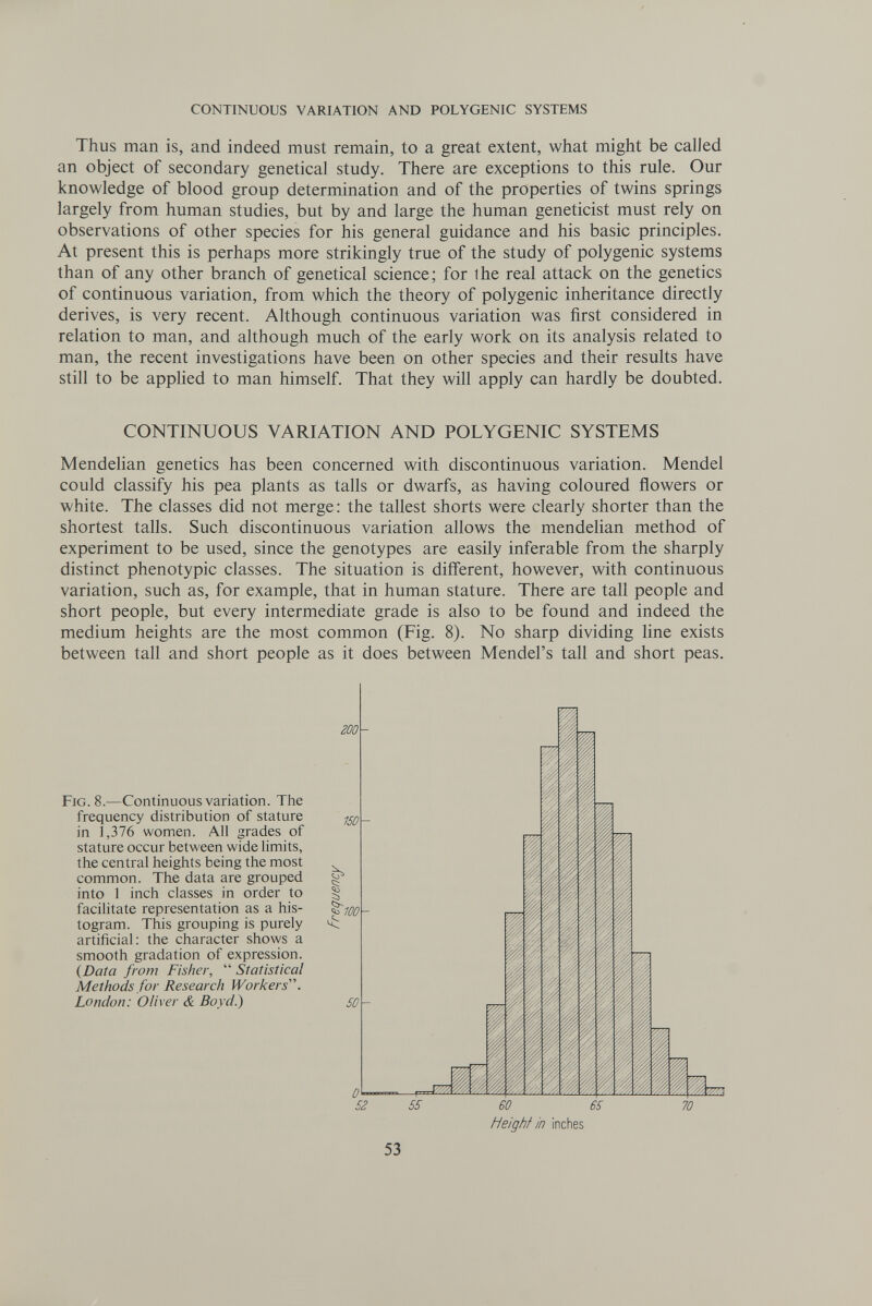 CONTINUOUS VARIATION AND POLYGENIC SYSTEMS Thus man is, and indeed must remain, to a great extent, what might be called an object of secondary genetica! study. There are exceptions to this rule. Our knowledge of blood group determination and of the properties of twins springs largely from human studies, but by and large the human geneticist must rely on observations of other species for his general guidance and his basic principles. At present this is perhaps more strikingly true of the study of polygenic systems than of any other branch of genetical science; for the real attack on the genetics of continuous variation, from which the theory of polygenic inheritance directly derives, is very recent. Although continuous variation was first considered in relation to man, and although much of the early work on its analysis related to man, the recent investigations have been on other species and their results have still to be applied to man himself. That they will apply can hardly be doubted. CONTINUOUS VARIATION AND POLYGENIC SYSTEMS Mendehan genetics has been concerned with discontinuous variation. Mendel could classify his pea plants as talis or dwarfs, as having coloured flowers or white. The classes did not merge: the tallest shorts were clearly shorter than the shortest talis. Such discontinuous variation allows the mendelian method of experiment to be used, since the genotypes are easily inferable from the sharply distinct phenotypic classes. The situation is different, however, with continuous variation, such as, for example, that in human stature. There are tall people and short people, but every intermediate grade is also to be found and indeed the medium heights are the most common (Fig. 8). No sharp dividing line exists between tall and short people as it does between Mendel's tall and short peas. Fig. 8.—Continuous variation. The frequency distribution of stature in 1,376 women. Ail grades of stature occur between wide limits, the central heights being the most common. The data are grouped into 1 inch classes in order to facilitate representation as a his¬ togram. This grouping is purely artificial: the character shows a smooth gradation of expression. {Data from Fisher,  Statistical Methods for Research Workers. London: Oliver & Boyd.) Height in inches 53