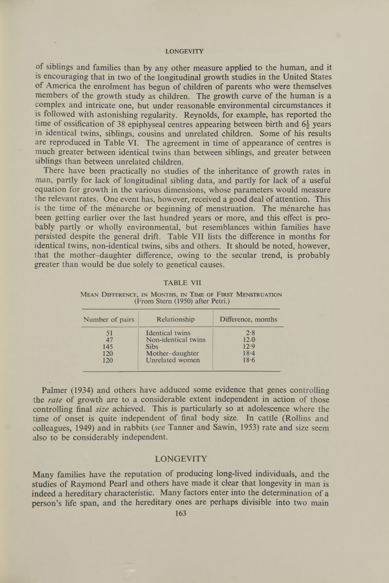 LONGEVITY of siblings and families than by any other measure applied to the human, and it is encouraging that in two of the longitudinal growth studies in the United States of America the enrolment has begun of children of parents who were themselves members of the growth study as children. The growth curve of the human is a complex and intricate one, but under reasonable environmental circumstances it is followed with astonishing regularity. Reynolds, for example, has reported the time of ossification of 38 epiphyseal centres appearing between birth and 6| years in identical twins, sibhngs, cousins and unrelated children. Some of his results are reproduced in Table VI. The agreement in time of appearance of centres is much greater between identical twins than between sibhngs, and greater between siblings than between unrelated children. There have been practically no studies of the inheritance of growth rates in man, partly for lack of longitudinal sibling data, and partly for lack of a useful equation for growth in the various dimensions, whose parameters would measure the relevant rates. One event has, however, received a good deal of attention. This is the time of the ménarche or beginning of menstruation. The ménarche has been getting earlier over the last hundred years or more, and this effect is pro¬ bably partly or wholly environmental, but resemblances within famüies have persisted despite the general drift. Table VII hsts the difference in months for identical twins, non-identical twins, sibs and others. It should be noted, however, that the mother-daughter difference, owing to the secular trend, is probably greater than would be due solely to genetical causes. TABLE VII Mean Difference, in Montos, in Time of First Menstruation (From Stern (1950) after Petri.) Palmer (1934) and others have adduced some evidence that genes controlhng the rate of growth are to a considerable extent independent in action of those controlling final size achieved. This is particularly so at adolescence where the time of onset is quite independent of final body size. In cattle (Rollins and colleagues, 1949) and in rabbits {see Tanner and Sawin, 1953) rate and size seem also to be considerably independent. LONGEVITY Many famihes have the reputation of producing long-hved individuals, and the studies of Raymond Pearl and others have made it clear that longevity in man is indeed a hereditary characteristic. Many factors enter into the determination of a person's life span, and the hereditary ones are perhaps divisible into two main 163