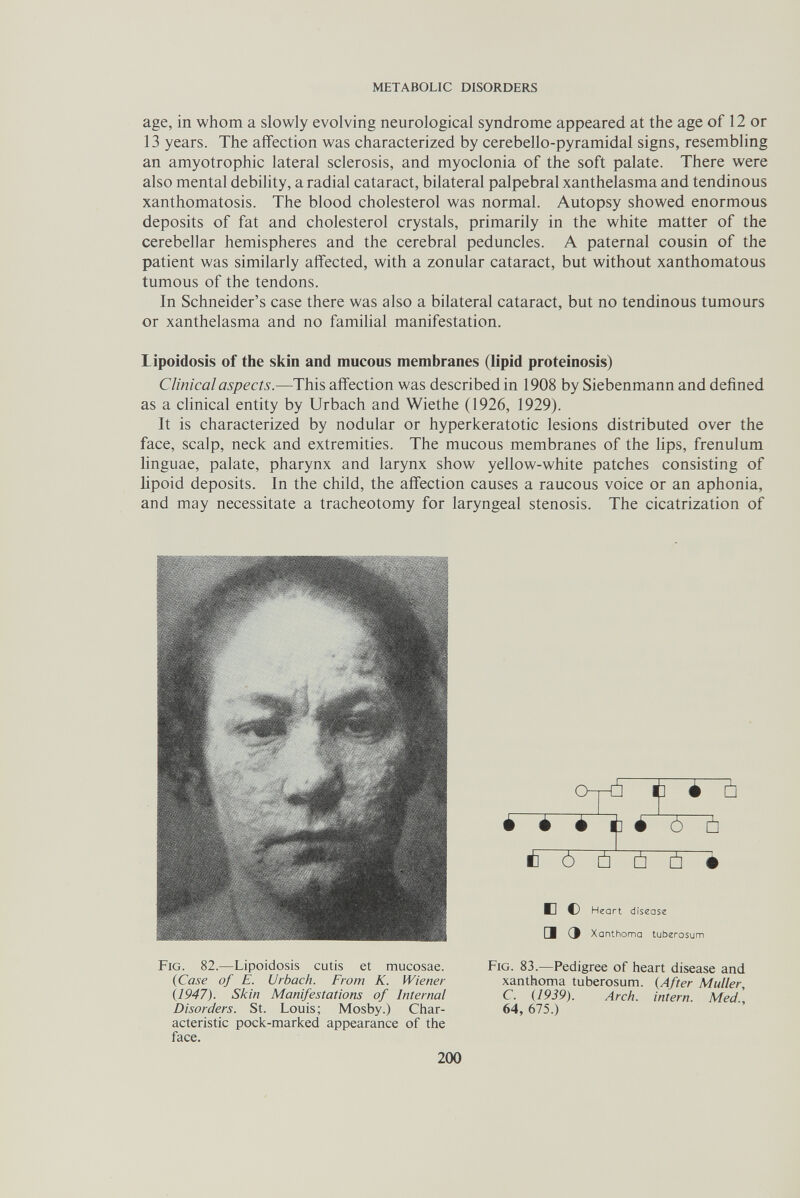 METABOLIC DISORDERS age, in whom a slowly evolving neurological syndrome appeared at the age of 12 or 13 years. The affection was characterized by cerebello-pyramidal signs, resembling an amyotrophic lateral sclerosis, and myoclonia of the soft palate. There were also mental debility, a radial cataract, bilateral palpebral xanthelasma and tendinous xanthomatosis. The blood cholesterol was normal. Autopsy showed enormous deposits of fat and cholesterol crystals, primarily in the white matter of the cerebellar hemispheres and the cerebral peduncles. A paternal cousin of the patient was similarly affected, with a zonular cataract, but without xanthomatous tumous of the tendons. In Schneider's case there was also a bilateral cataract, but no tendinous tumours or xanthelasma and no familial manifestation. Lipoidosis of the skin and mucous membranes (lipid proteinosis) Clinical aspects.—This affection was described in 1908 by Siebenmann and defined as a clinical entity by Urbach and Wiethe (1926, 1929). It is characterized by nodular or hyperkeratotic lesions distributed over the face, scalp, neck and extremities. The mucous membranes of the lips, frenulum linguae, palate, pharynx and larynx show yellow-white patches consisting of lipoid deposits. In the child, the affection causes a raucous voice or an aphonia, and may necessitate a tracheotomy for laryngeal stenosis. The cicatrization of € I ■ -Л. ■ Fig. 82.—Lipoidosis cutis et mucosae. {Case of E. Urbach. From K. Wiener (1947). Skin Manifestations of Internal Disorders. St. Louis; Mosby.) Char¬ acteristic pock-marked appearance of tiie face. È i Ò i é ó Ò é é é í 5 ú ü S è D e Heart disease Di Э Xanthoma tuberosum Fig. 83.—Pedigree of heart disease and xanthoma tuberosum. (After Muller, C. (1939). Arch, intern. Med., 64, 675.) 200