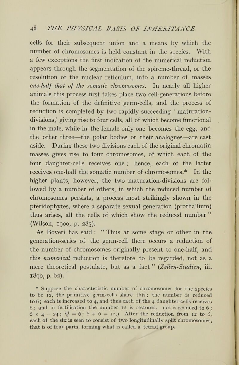 48 THE PHYSICAL BASIS OF INHERITANCE cells for their subsequent union and a means by which the number of chromosomes is held constant in the species. With a few exceptions the first indication of the numerical reduction appears through the segmentation of the spireme-thread, or the resolution of the nuclear reticulum, into a number of masses one-half that of the somatic chromosomes. In nearly all higher animals this process first takes place two cell-generations before the formation of the definitive germ-cells, and the process of reduction is completed by two rapidly succeeding ' maturation- divisions,' giving rise to four cells, all of which become functional in the male, while in the female only one becomes the egg, and the other three—the polar bodies or their analogues—are cast aside. During these two divisions each of the original chromatin masses gives rise to four chromosomes, of which each of the four daughter-cells receives one ; hence, each of the latter receives one-half the somatic number of chromosomes.* In the higher plants, however, the two maturation-divisions are fol¬ lowed by a number of others, in which the reduced number of chromosomes persists, a process most strikingly shown in the pteridophytes, where a separate sexual generation (prothallium) thus arises, all the cells of which show the reduced number  (Wilson, 1900, p. 285). As Boveri has said :  Thus at some stage or other in the generation-series of the germ-cell there occurs a reduction of the number of chromosomes originally present to one-half, and this numerical reduction is therefore to be regarded, not as a mere theoretical postulate, but as a fact  {Zellen-Studien, iii. 1890, p. 62). * Suppose the characteristic number of chromosomes for the species to be 12, the primitive germ-cells share this; the number is reduced to 6 ; each is increased to 4, and thus each of the 4 daughter-cells receives 6; and in fertilisation the number 12 is restored. (12 is reduced to б ; 6 X 4 = 24 ; V = б ; 6 + 6 = 12.) After the reduction from 12 to 6, each of the six is seen to consist of two longitudinally split cliromosomes, that is of four parts, forming what is called a tetrad group.