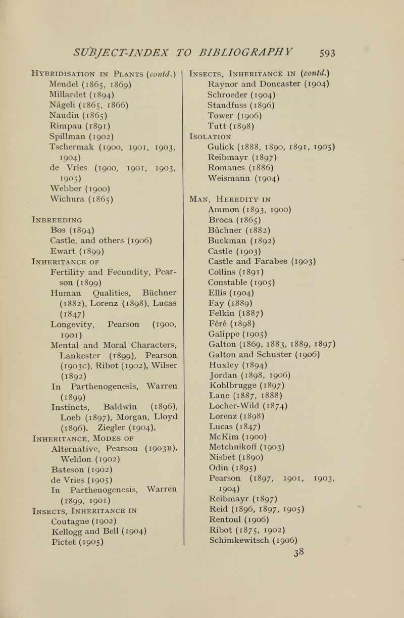 SUBJECT-INDEX TO BIBLIOGRAPHY 593 Hybridisation in Plants {contd.) Mendel (1865, 1869) IMillardet (1894) Nägeli (1865, 1866) Naudin (1865) Rimpau (1891) Spillman (1902) Tschermak (1900, 1901, 1903, 1904) de Vries (1900, 1901, 1903, 190s) Webber (1900) Wichura (1865) Inbreeding Bos (1894) Castle, and others (1906) Ewart (1899) Inheritance of Fertility and Fecundity, Pear¬ son (1899) Human Qualities, Büchner (1882), Lorenz (1898), Lucas (1847) Longevity, Pearson (1900, 1901) Mental and Moral Characters, Lankester (1899), Pearson (1903c), Ribot (1902), Wilser (1892) In Parthenogenesis, Warren (1899) Instincts, Baldwin (1896), Loeb (1897), Morgan, Lloyd (1896). Ziegler (1904), Inheritance, Modes of Alternative, Pearson (1903B), Weldon (1902) Bateson (1902) de Vries (1905) In Parthenogenesis, Warren (1899, 1901) Insects, Inheritance in Coutagne(1902) Kellogg and Bell (1904) Pictet (1905) Insects, Inheritance in (contd.) Raynor and Doncaster (1904) Schroeder(1904) Standfuss (1896) Tower (1906) Tutt(1898) Isolation Gulick (1888, 1890, 1891, 1905) Reibmayr (1897) Romanes (1886) Weismann (1904) Man, Heredity in Ammon (1893, 1900) Broca (1865) Büchner (1882) Buckman (1892) Castle (1903) Castle and Farabee (1903) Collins (1891) Constable (1905) Ellis (1904) Fay (1889) Felkin (1887) Féré (1898) Galippe (1905) Galton (1869, 1883, 1889, 1897) Galton and Schuster (1906) Huxley (1894) Jordan (1898, 1906) Kohlbrugge (1897) Lane (1887, 1888) Locher-Wild (1874) Lorenz (1898) Lucas (1847) McKim (1900) Metchnikoff (1903) Nisbet (1890) Odin (1895) Pearson (1897, 1901, 1903, 1904) Reibmayr (1897) Reid {1896, 1897, 1905) Rentoul(1906) Ribot {187s, 1902) Schimkewitsch (1906) 38