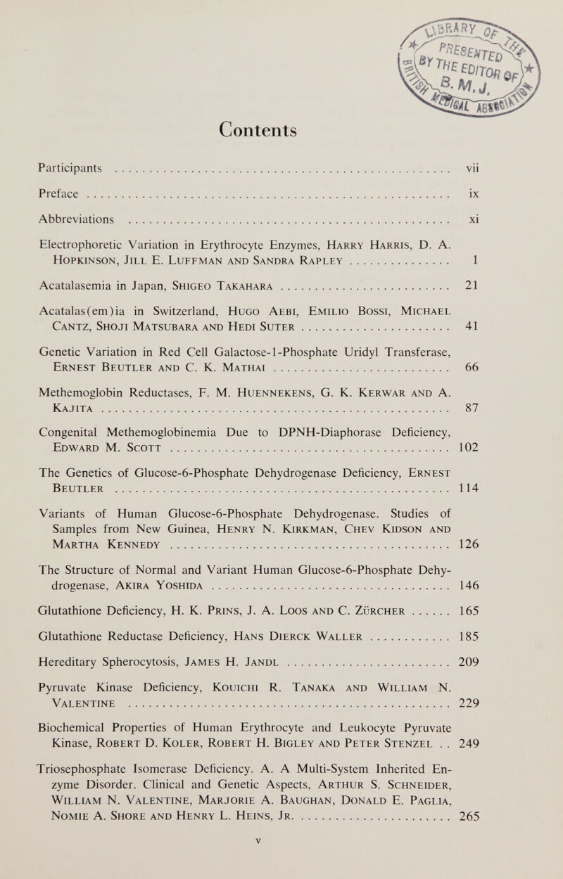 Contents Participants  vii Preface  ix Abbreviations  xi Electrophoretic Variation in Erythrocyte Enzymes, Harry Harris, D. A. hopkinson, jill E. LUFFMAN and SaNDRA RaPLEY 1 Acatalasemia in Japan, Shigeo Takahara  21 Acatalas(em)ia in Switzerland, Hugo Aebi, Emilio Bossi, Michael Cantz, Shoji Matsubara and Hedí Suter 41 Genetic Variation in Red Cell Galactose-1-Phosphate Uridyl Transferase, Ernest Beutler and C. K. Mathai  66 Methemoglobin Reductases, F. M. Huennekens, G. K. Kerwar and A. Kajita  87 Congenital Methemoglobinemia Due to DPNH-Diaphorase Deficiency, Edward M. Scott  102 The Genetics of Glucose-6-Phosphate Dehydrogenase Deficiency, Ernest Beutler  114 Variants of Human Glucose-6-Phosphate Dehydrogenase. Studies of Samples from New Guinea, Henry N. Kirkman, Chev Kidson and Martha Kennedy  126 The Structure of Normal and Variant Human Glucose-6-Phosphate Dehy¬ drogenase, Akira Yoshida  146 Glutathione Deficiency, H. K. Prins, J. A. Loos and C. Zürcher 165 Glutathione Reductase Deficiency, Hans Dierck Waller 185 Hereditary Spherocytosis, James H. Jandl  209 Pyruvate Kinase Deficiency, Kouichi R. Tanaka and William N. Valentine  229 Biochemical Properties of Human Erythrocyte and Leukocyte Pyruvate Kinase, Robert D. Koler, Robert H. Bigley and Peter Stenzel . . 249 Triosephosphate Isomerase Deficiency. A. A Multi-System Inherited En¬ zyme Disorder. Clinical and Genetic Aspects, Arthur S. Schneider, William N. Valentine, Marjorie A. Baughan, Donald E. Paglia, Nomie a. Shore and Henry L. Heins, Jr 265 V