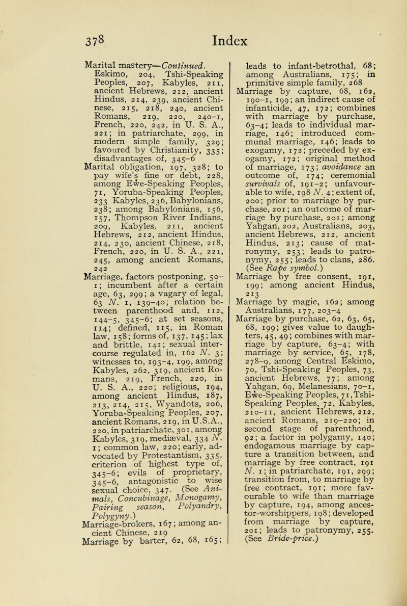 378 Index Marital mastery—Continued. Eskimo, 204, Tshi-Speaking Peoples, 207, Kabyles, 211, ancient Hebrews, 212, ancient Hindus, 214, 239, ancient Chi¬ nese, 215, 218, 240, ancient Romans, 219, 220, 240-1, French, 220, 242, in U. S. A., 221; in patriarchate, 299, in modem simple family, 329; favoured by Christianity, 335; disadvantages of, 345-6 Marital obligation, 197, 328; to pay wife's fine or debt, 228, among Ewe-Speaking Peoples, 71, Yoruba-Speaking Peoples, 233 Kabyles, 236, Babylonians, 238; among Babylonians, 156, 157, Thompson River Indians, 209, Kabyles, 211, ancient Hebrews, 212, ancient Hindus, 214, 230, ancient Chinese, 218, French, 220, in U. S. A., 221, 245, among ancient Romans, 242 Marriage, factors postponing, 50- I ; incumbent after a certain age, 63, 299: a vagary of legal, 63 N. I, 139-40; relation be¬ tween parenthood and, 112, 144-5, 345-6; at set seasons, 114; defined, 115, in Roman law, 158; forms of, 137, 145; lax and brittle, 141; sexual inter¬ course regulated in, 162 N. 3; witnesses to, 193-4, 199, among Kabyles, 262, 319, ancient Ro¬ mans, 219, French, 220, in U. S. A., 220; religious, 194, among ancient Hindus, 187, 213, 214, 215, Wyandots, 206, Yoruba-Speaking Peoples, 207, ancient Romans, 219, in U.S.A., 220, in patriarchate, 301, among Kabyles, 319, mediaeval, 334 ■'V. i; common law, 220; early, ad¬ vocated by Protestantism, 335, criterion of highest type of, 345-6; evils of proprietary, 345-6, antagonistic to wise sexual choice, 347. (See Ani- mals. Concubinage, Monogamy, Pairing season. Polyandry, Polygyny.) Marriage-brokers, 167; among an¬ cient Chinese, 219 Marriage by barter, 62, 68, 165; leads to infant-betrothal, 68 ; among Australians, 175; in primitive simple family, 268 Marriage by capture, 68, 162, 190-1, 199: an indirect cause of infanticide, 47, 172; combines with marriage by purchase, 63-4; leads to individual mar¬ riage, 146; introduced com¬ munal marriage, 146; leads to exogamy, 172; preceded by ex¬ ogamy, 172; original method of marriage, 173; avoidance an outcome of, 174: ceremonial survivals of, 191-2; unfavour¬ able to wife, igS N. 4 ; extent of, 200; prior to marriage by pur¬ chase, 201 ; an outcome of mar¬ riage by purchase, 201; among Yahgan, 202, Australians, 203, ancient Hebrews, 212, ancient Hindus, 213; cause of mat- ronymy, 253; leads to patro- nymy, 255; leads to clans, 286. (See Rape symbol.) Marriage by free consent, 191, 199; among ancient Hindus, 213 Marriage by magic, 162; among Australians, 177, 203-4 Marriage by purchase, 62, 63, 65, 68, 199; gives value to daugh¬ ters, 45, 49 ; combines with mar¬ riage by capture, 63-4; with marriage by service, 65, 178, 278-9, among Central Eskimo, 70, Tshi-Speaking Peoples, 73, ancient Hebrews, 77: among Yahgan, 69, Melanesians, 70-1, Ewe-Speaking Peoples, 71, Tshi- Speaking Peoples, 72, Kabyles, 210-11, ancient Hebrews, 212, ancient Romans, 219-220; in second stage of parenthood, 92; a factor in polygamy, 140; endogamous marriage by cap¬ ture a transition between, and marriage by free contract, 191 N. I ; in patriarchate, 191, 299; transition from, to marriage by free contract, 191; more fav¬ ourable to wife than marriage by capture, 194, among ances¬ tor-worshippers, 198; developed from marriage by capture, 201; leads to patronymy, 255. (See Bride-price.)