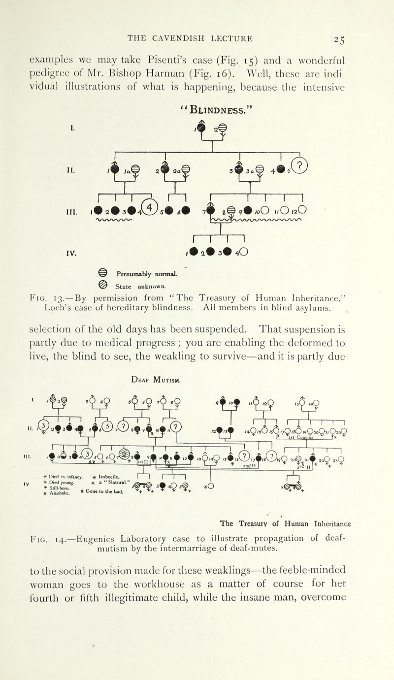 THE CAVENDISH LECTURE 25 examples we may take Pisenti's case (Fig. 15) and a wonderful pedigree of Mr. Bishop Harman (Fig. 16). Well, these are indi¬ vidual illustrations of what is happening, because the intensive ''Blindness. ■f II. ■bf I II. III. iVaV3V4' IV, .© i За* 4^ 5 I 1 I I 1 7^ гф чФ icO (íO/aO I—m—1 1Ф 0.9 3# 4O © РгС5ШпаЫу normal. State unknown. Fig. 13.— By permission from The Treasury of Human Inheritance. Loeb's case of hereditary blindness. All members in blind asylums. selection of the old days has been suspended. That suspension is partly due to medical progress ; you are enabling the deformed to live, the blind to see, the weakling to survive—and it is partly due Deaf Mutism. r~T~ni I T I I I I •/Л i^QieOnOiTQitOitQioQiiOi'Q I—[-J 1* l.st Tniicinff Jx 1 A I р-Ц I—I Q 9 + Died in infancy. rH Imbecile. |y * Died young. *• a Naiural.'* . * Still-born. ^ « . .L с J ' * Alcoholic * bad. Л Vb The Treasury of Human Inheritance Fig. 14.—Eugenics Laboratory case to illustrate propagation of deaf- mutism by the intermarriage of deaf-mutes. to the social provision made for these weaklings—the feeble-minded woman goes to the workhouse as a matter of course for her fourth or fifth illegitimate child, while the insane man, overcome