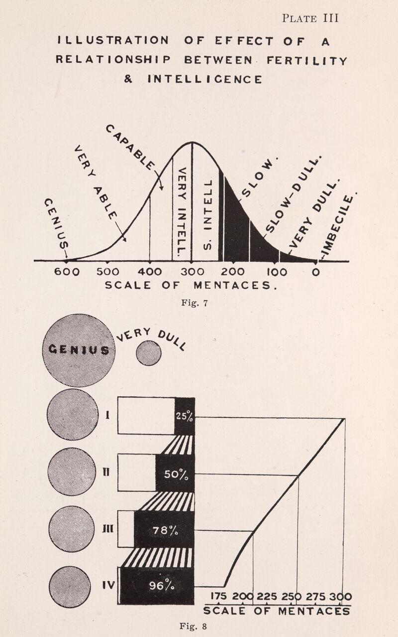 Plate III ILLUSTRATION OF EFFECT OF A RELATIONSHIP BETWEEN FERTILITY & INTELLIGENCE 600 400 200 too SCALE OF MENTACES. Fig. 7 50% :Шт 78% w///mì 96 л 175 20С 225 250 275 3ÖO ...А ^ ^ ^ SCALE OF MENTACES Fig. 8