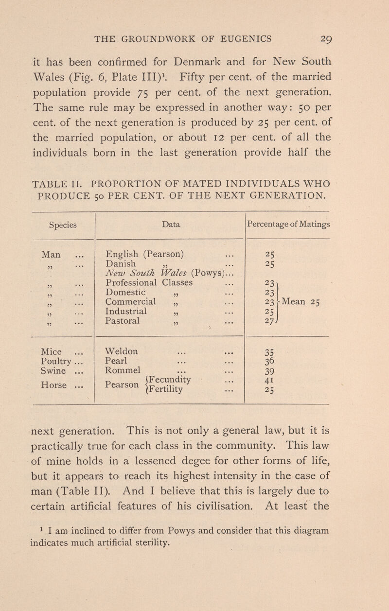 THE GROUNDWORK OF EUGENICS 29 it has been confirmed for Denmark and for New South Wales (Fig. 6, Plate III)\ Fifty per cent, of the married population provide 75 per cent, of the next generation. The same rule may be expressed in another way: 50 per cent, of the next generation is produced by 25 per cent, of the married population, or about 12 per cent, of all the individuals born in the last generation provide half the TABLE II. PROPORTION OF MATED INDIVIDUALS WHO PRODUCE 50 PER CENT. OF THE NEXT GENERATION. next generation. This is not only a general law, but it is practically true for each class in the community. This law of mine holds in a lessened degee for other forms of life, but it appears to reach its highest intensity in the case of man (Table II). And I believe that this is largely due to certain artificial features of his civilisation. At least the 1 I am inclined to differ from Powys and consider that this diagram indicates much artificial sterility.